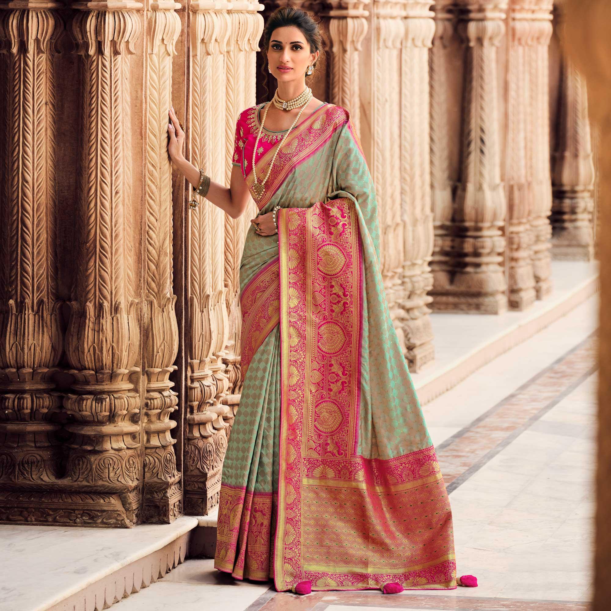 Light Green Festive Wear Woven Silk Saree - Peachmode