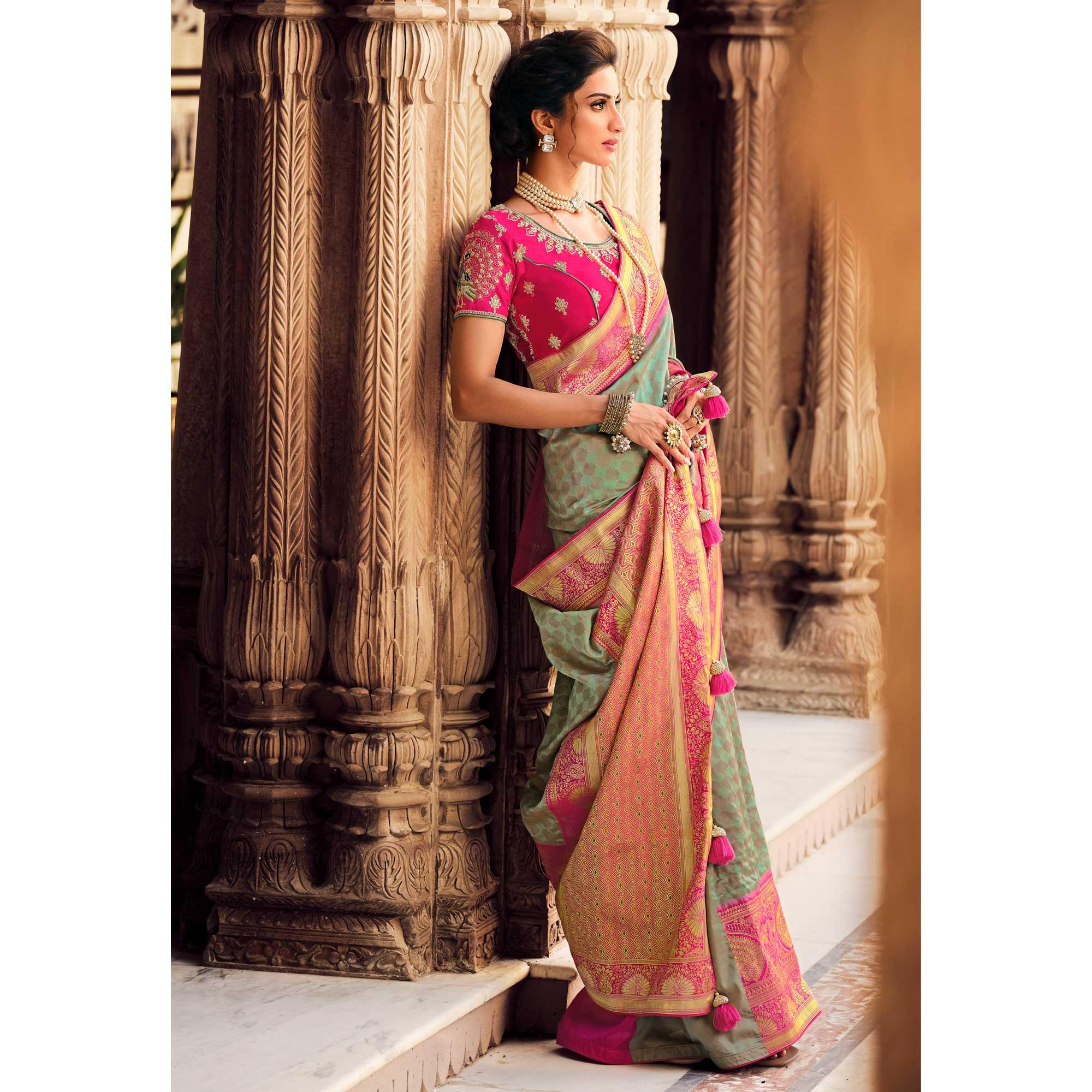 Light Green Festive Wear Woven Silk Saree - Peachmode