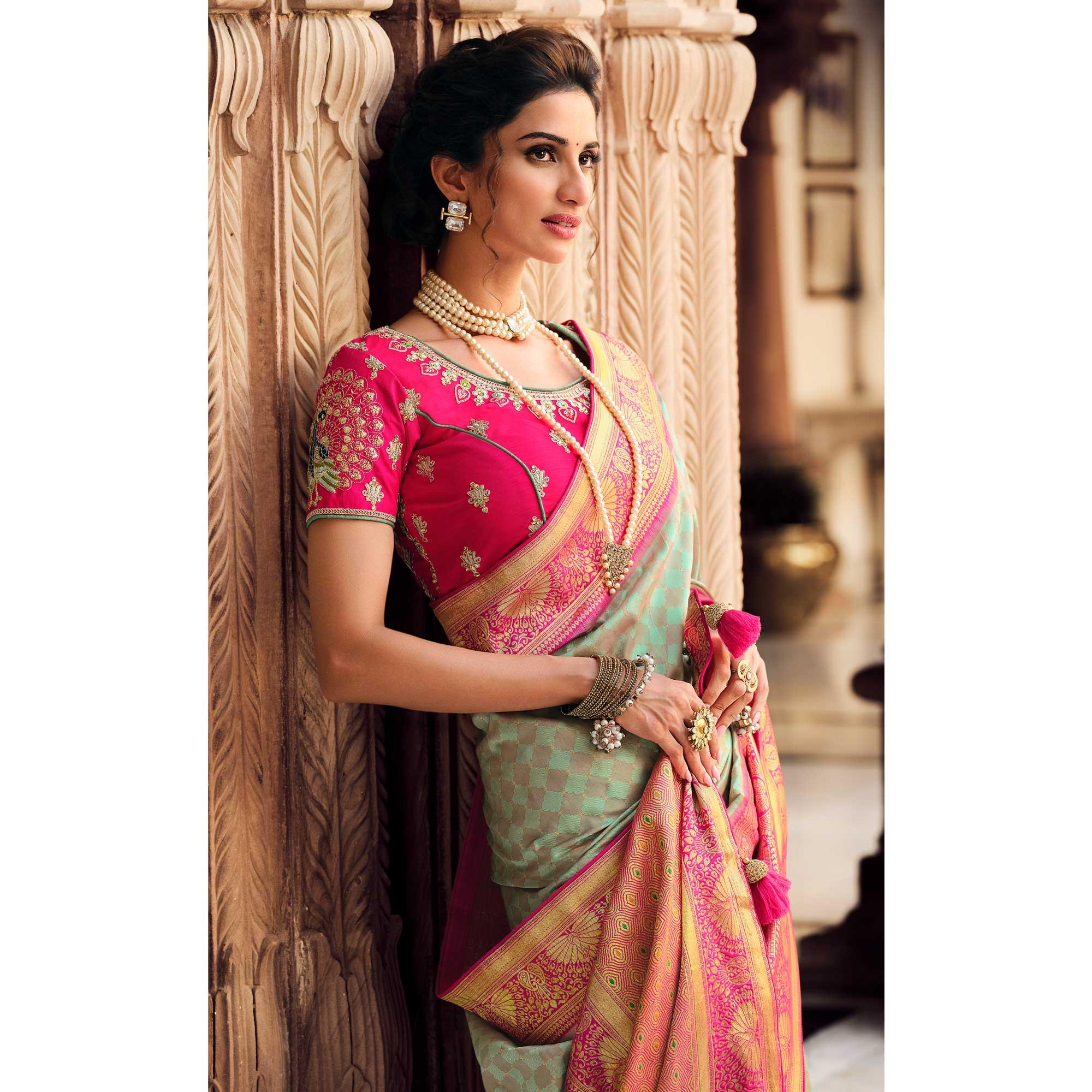 Light Green Festive Wear Woven Silk Saree - Peachmode