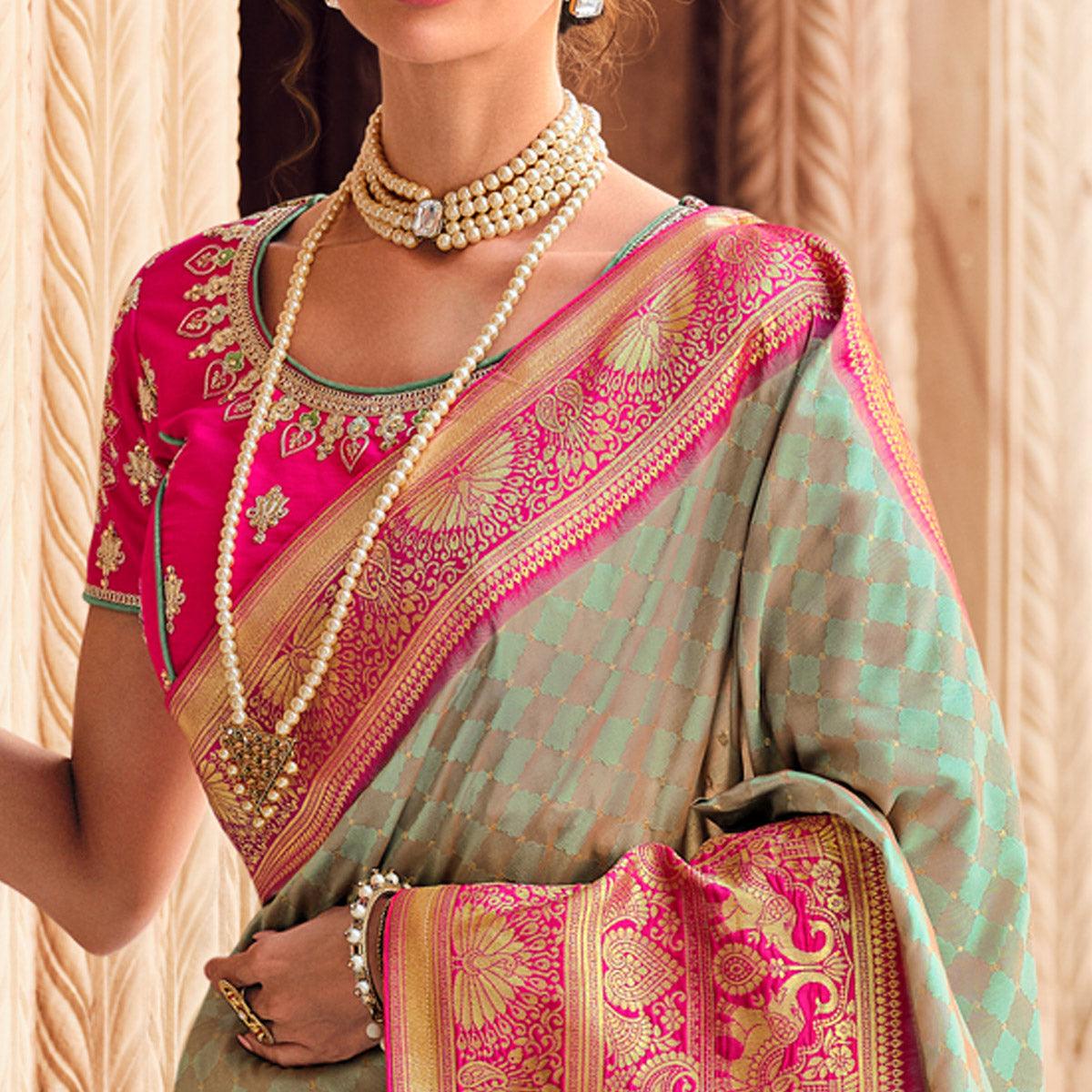 Light Green Festive Wear Woven Silk Saree - Peachmode