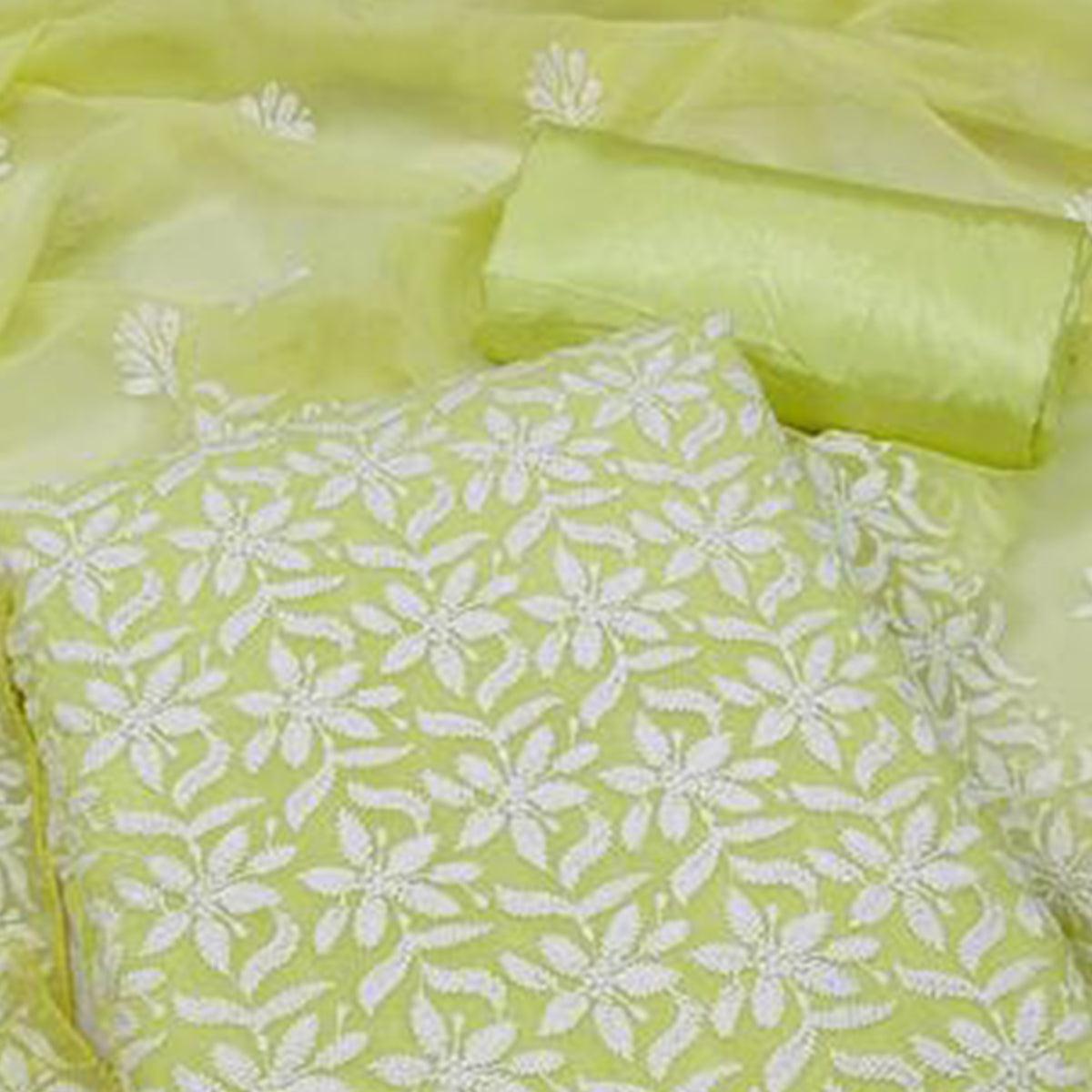 Light Green Floral Embroidered Georgette Dress Material - Peachmode
