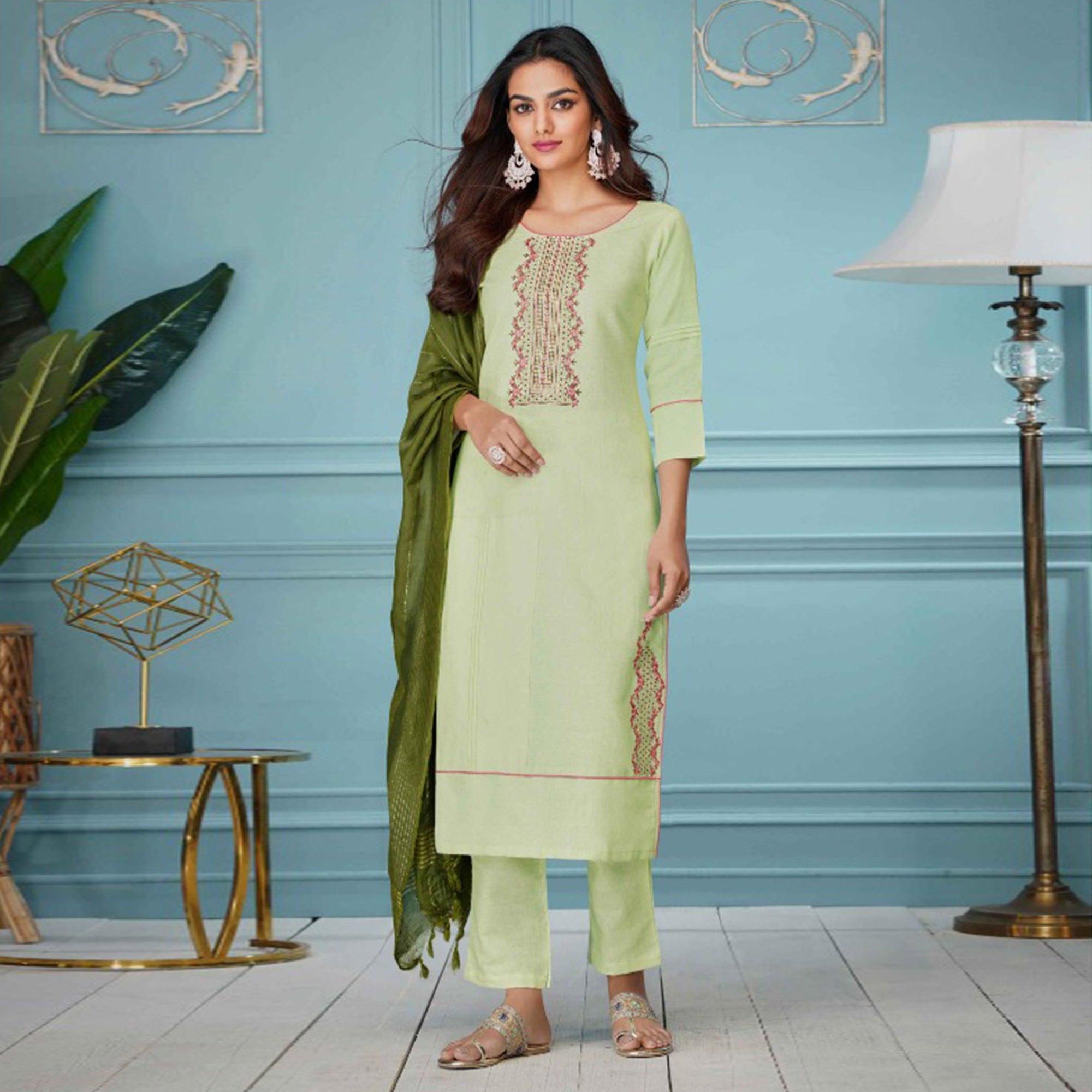 Light Green Floral Embroidered Pure Cotton Kurti Pant Set With Dupatta - Peachmode