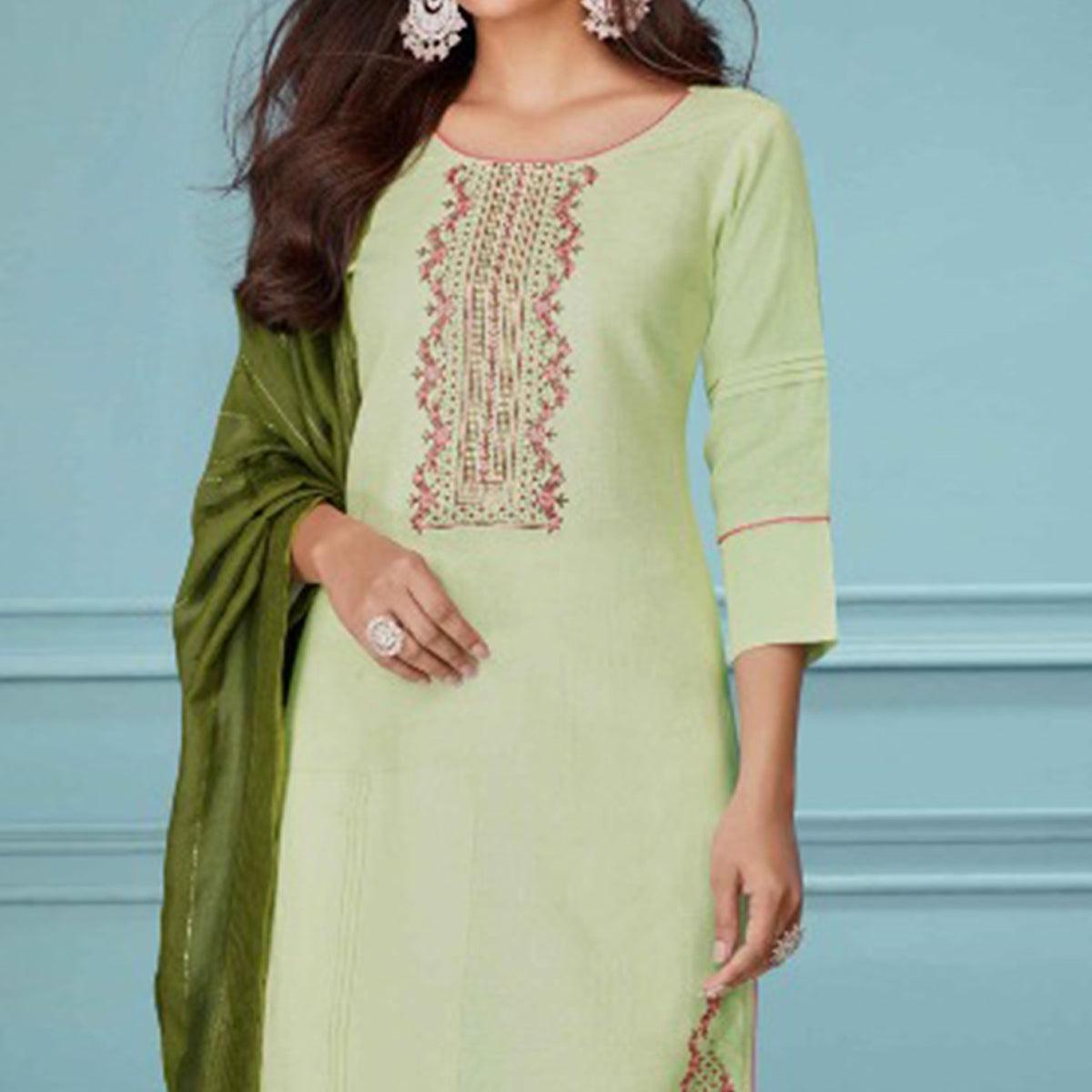 Light Green Floral Embroidered Pure Cotton Kurti Pant Set With Dupatta - Peachmode