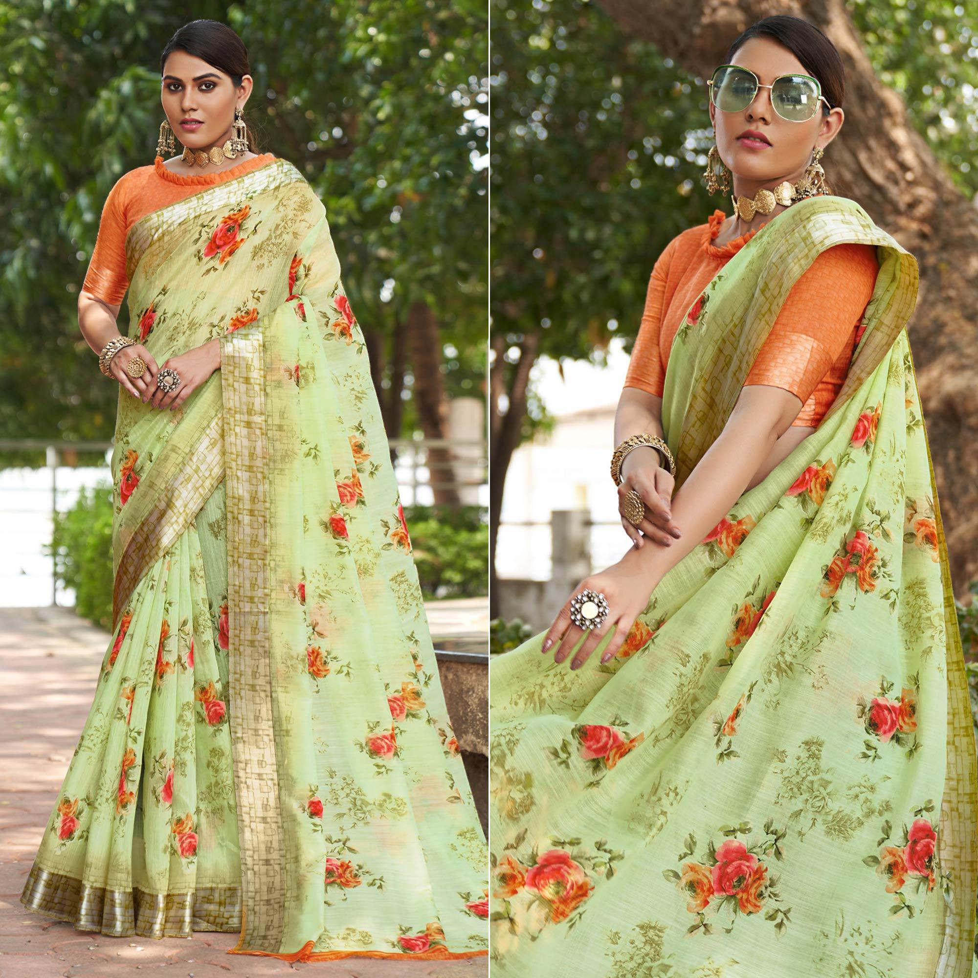 Light Green Floral Printed Linen Saree - Peachmode