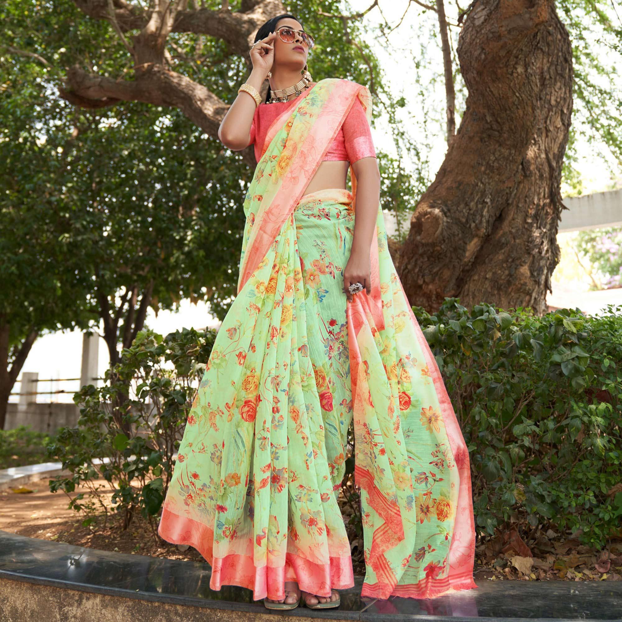 Light Green Floral Printed Linen Saree - Peachmode