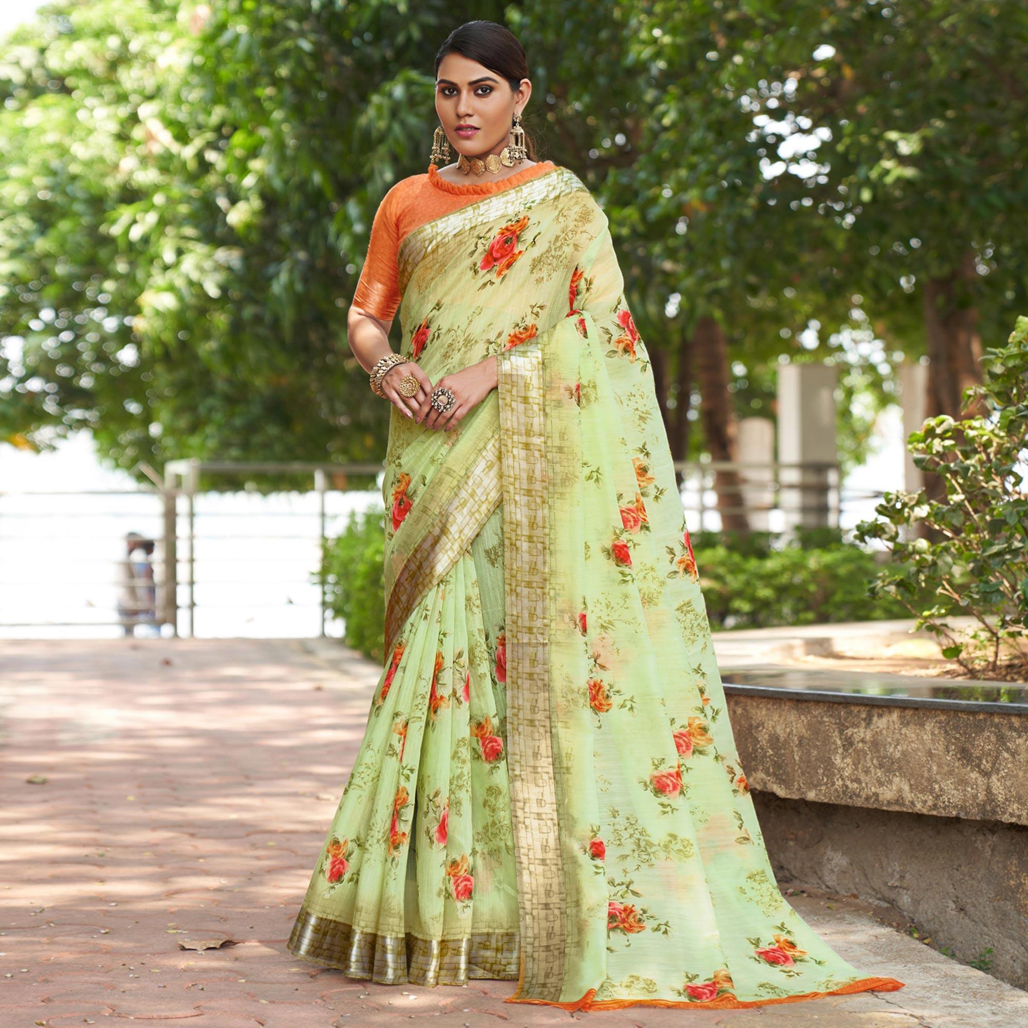 Light Green Floral Printed Linen Saree - Peachmode