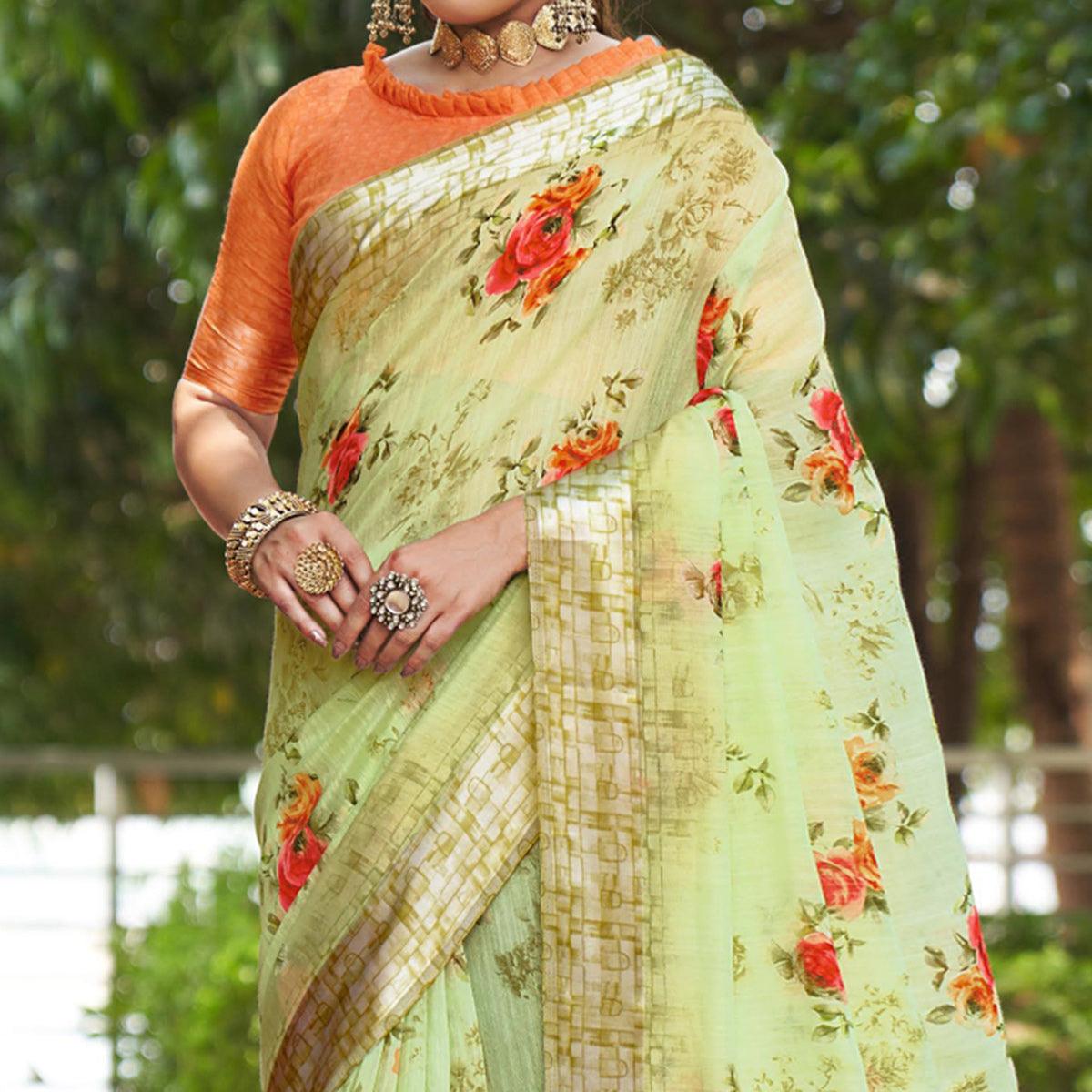 Light Green Floral Printed Linen Saree - Peachmode