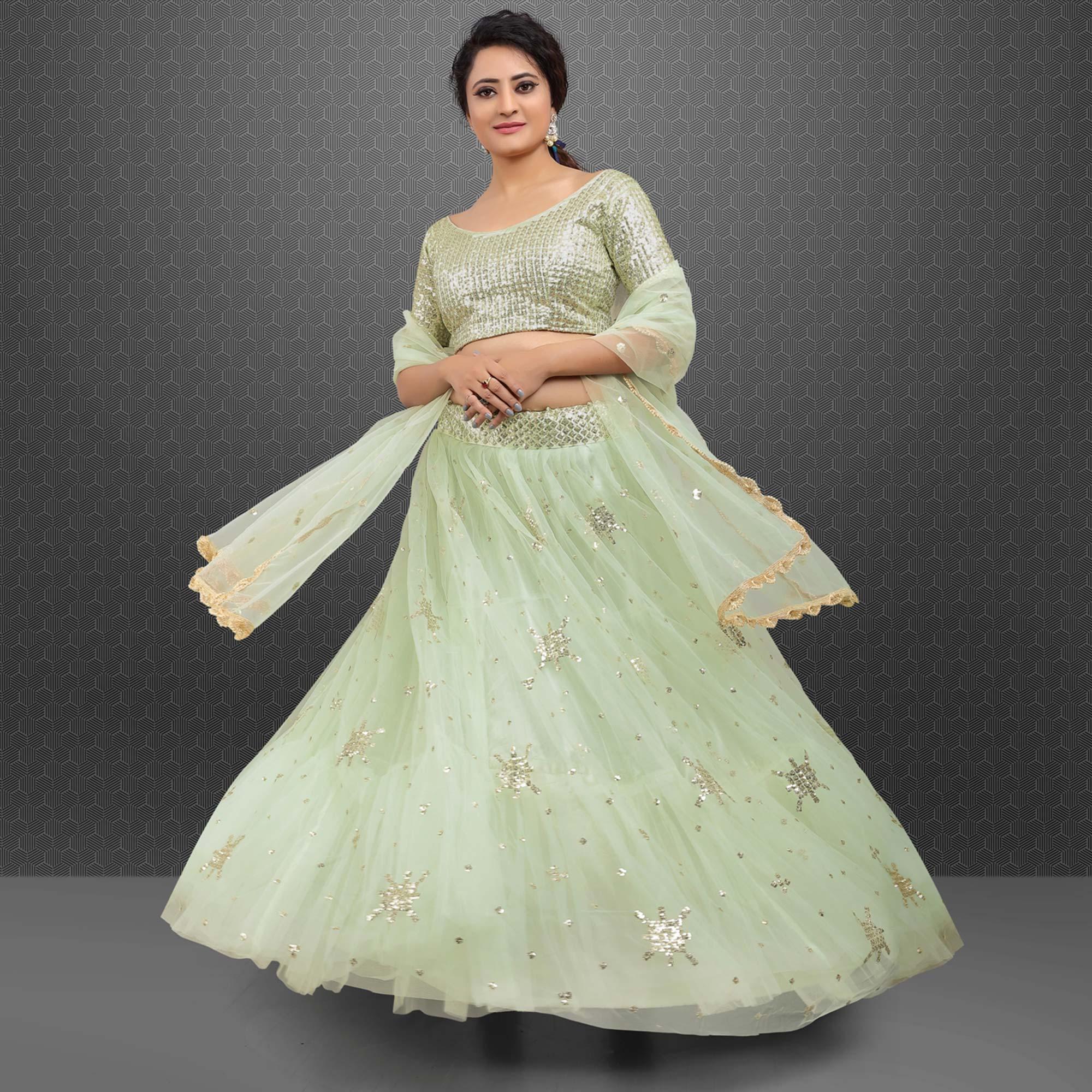 Light Green Party Wear Sequence Embroidered Net Lehenga Choli - Peachmode