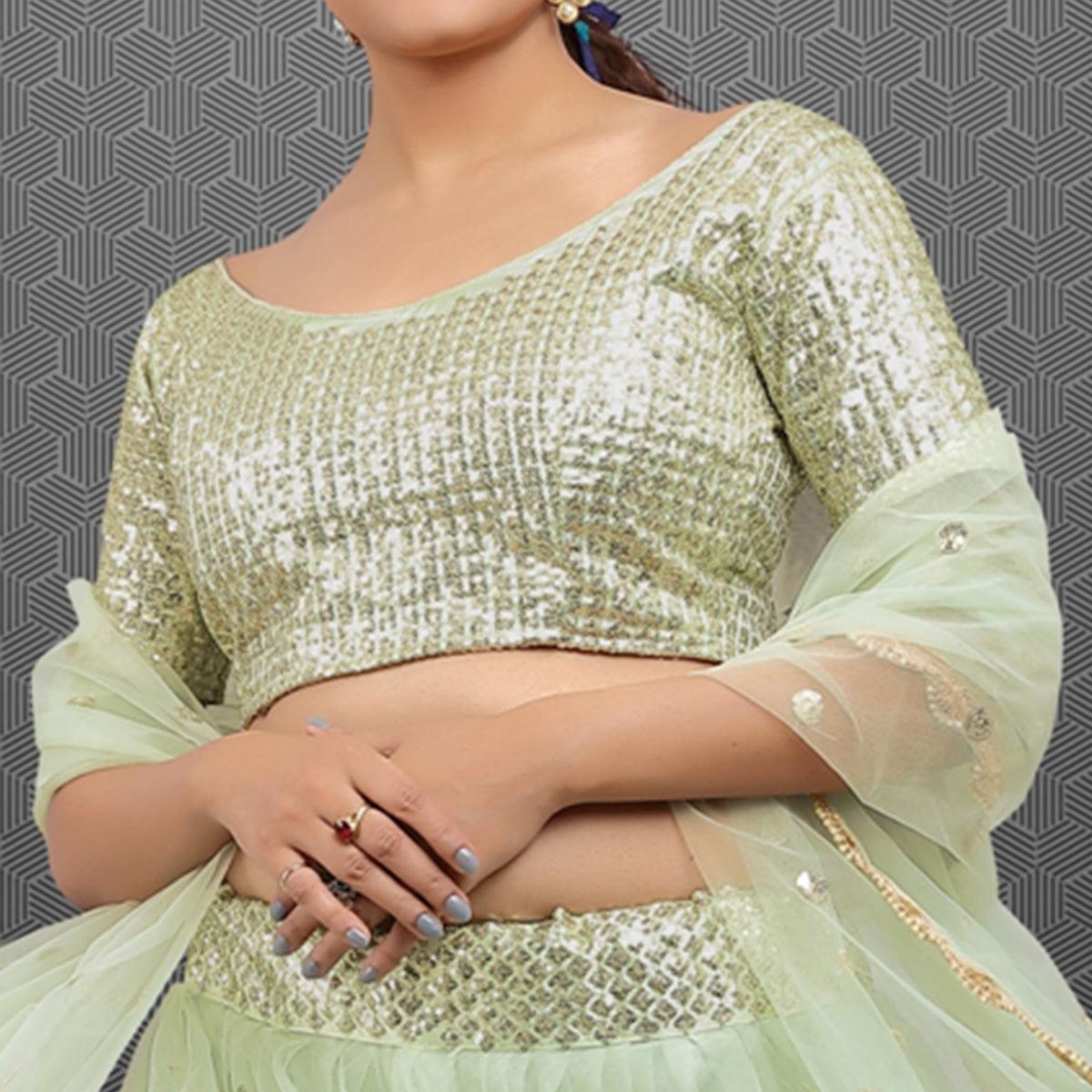 Light Green Party Wear Sequence Embroidered Net Lehenga Choli - Peachmode