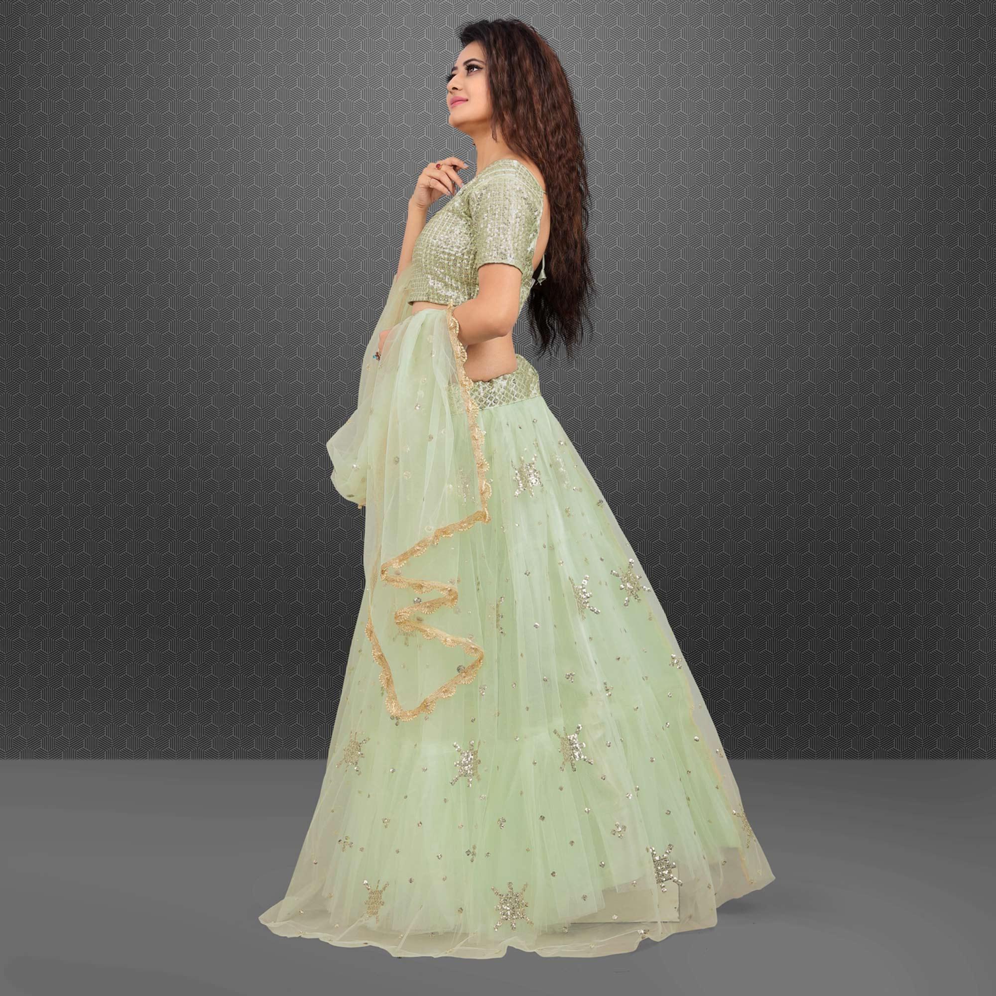 Light Green Party Wear Sequence Embroidered Net Lehenga Choli - Peachmode