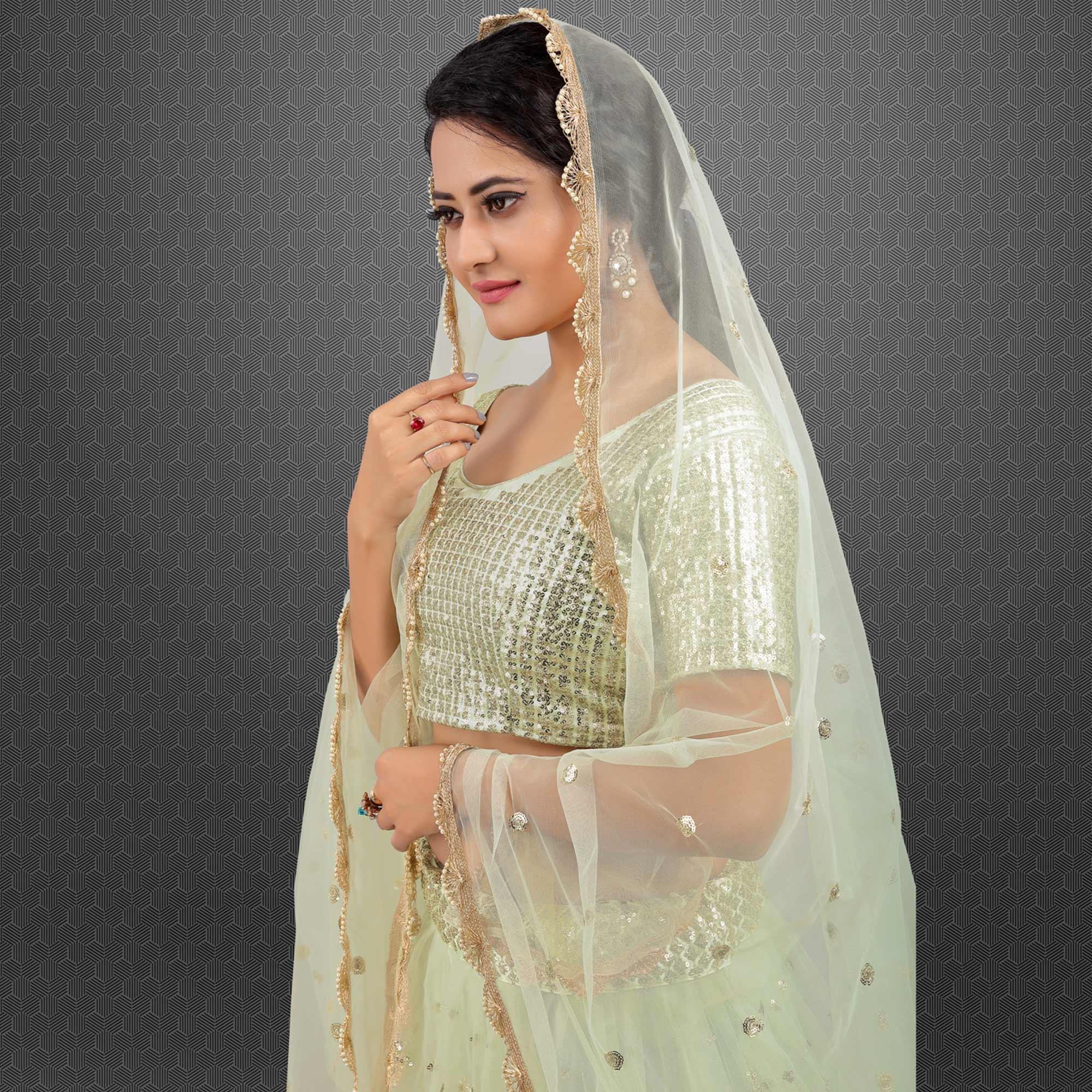 Light Green Party Wear Sequence Embroidered Net Lehenga Choli - Peachmode