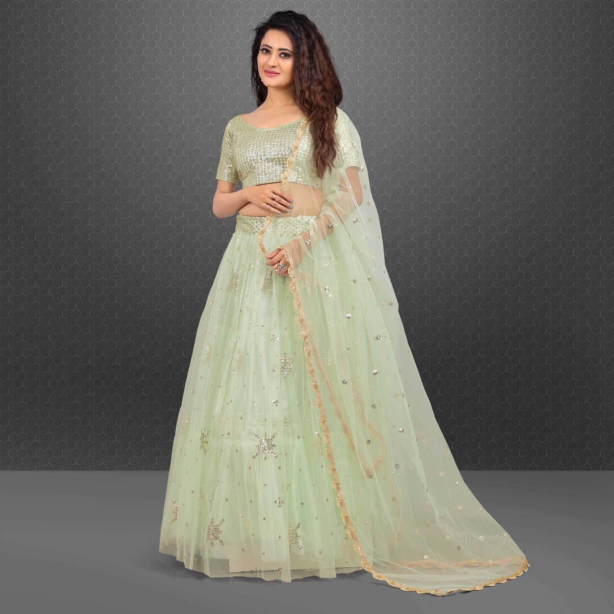 Light Green Party Wear Sequence Embroidered Net Lehenga Choli - Peachmode