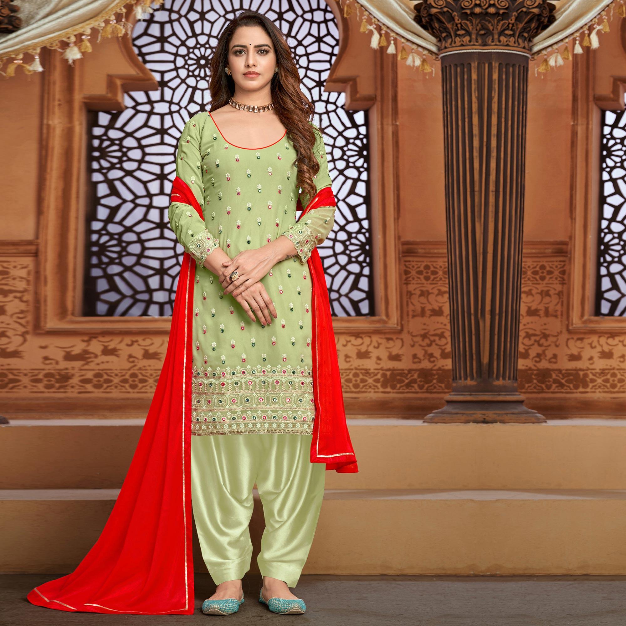 Light Green Partywear Designer Embroidered Faux Georgette Patiyala Suit - Peachmode
