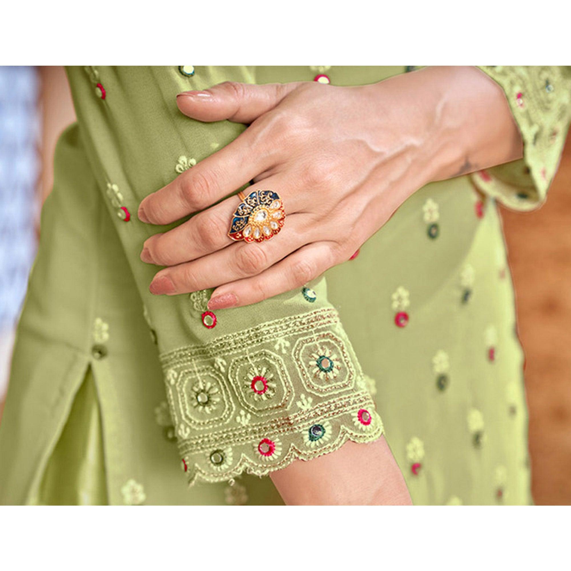 Light Green Partywear Designer Embroidered Faux Georgette Patiyala Suit - Peachmode