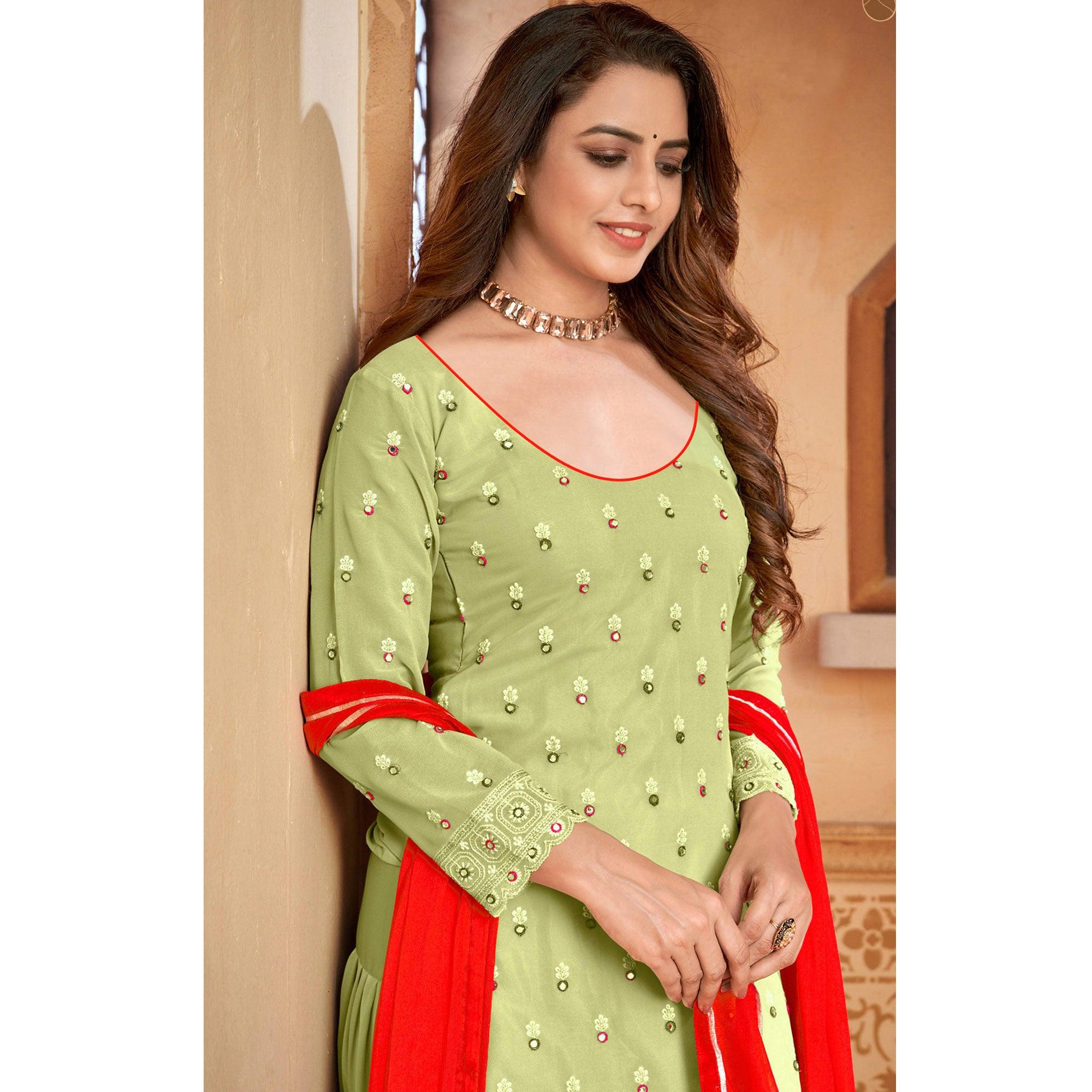 Light Green Partywear Designer Embroidered Faux Georgette Patiyala Suit - Peachmode