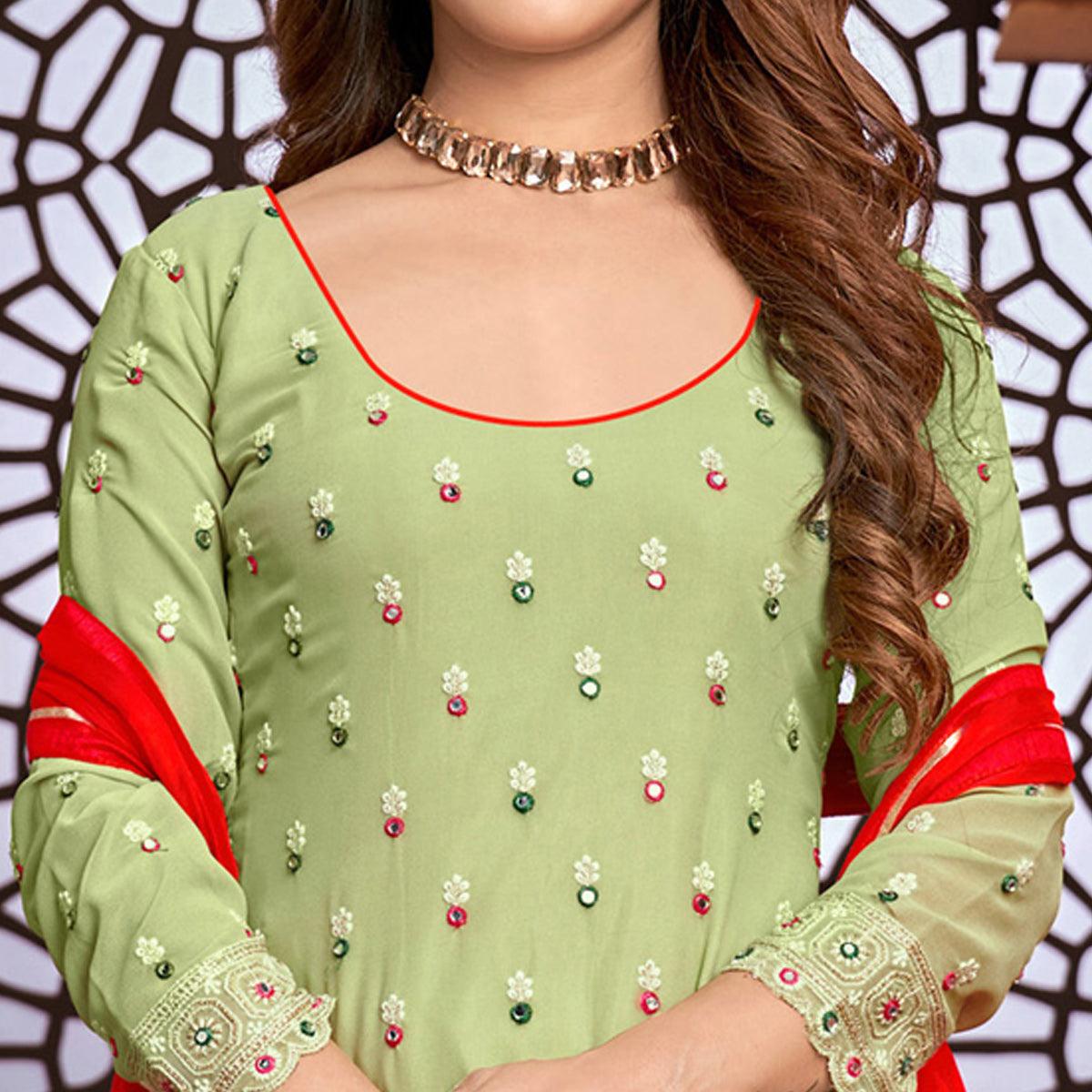 Light Green Partywear Designer Embroidered Faux Georgette Patiyala Suit - Peachmode