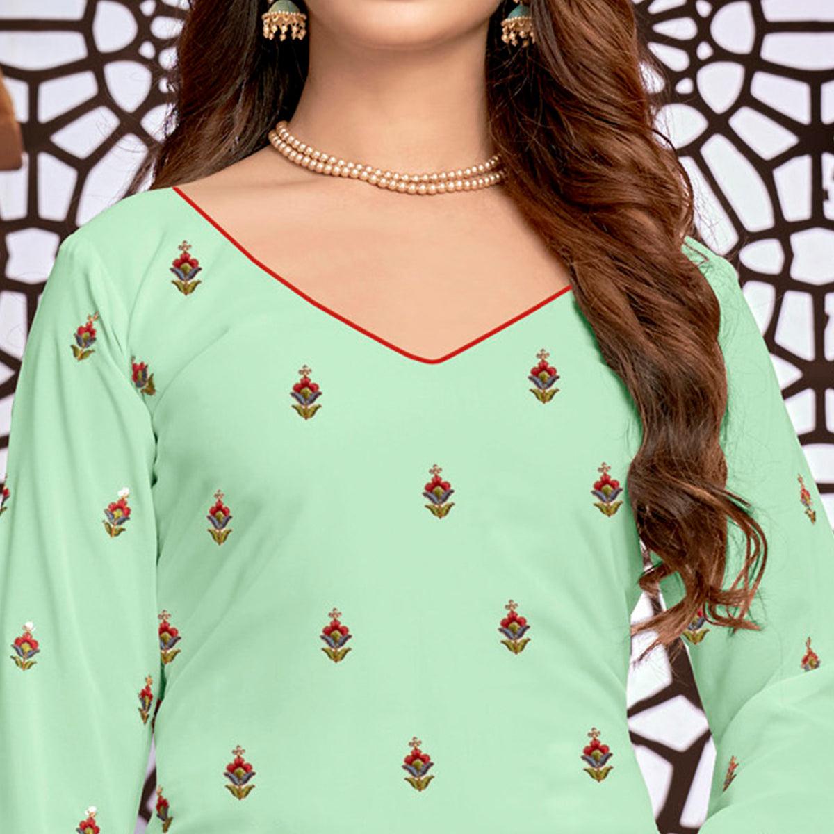 Light Green Partywear Designer Floral Embroidered Faux Georgette Patiyala Suit - Peachmode