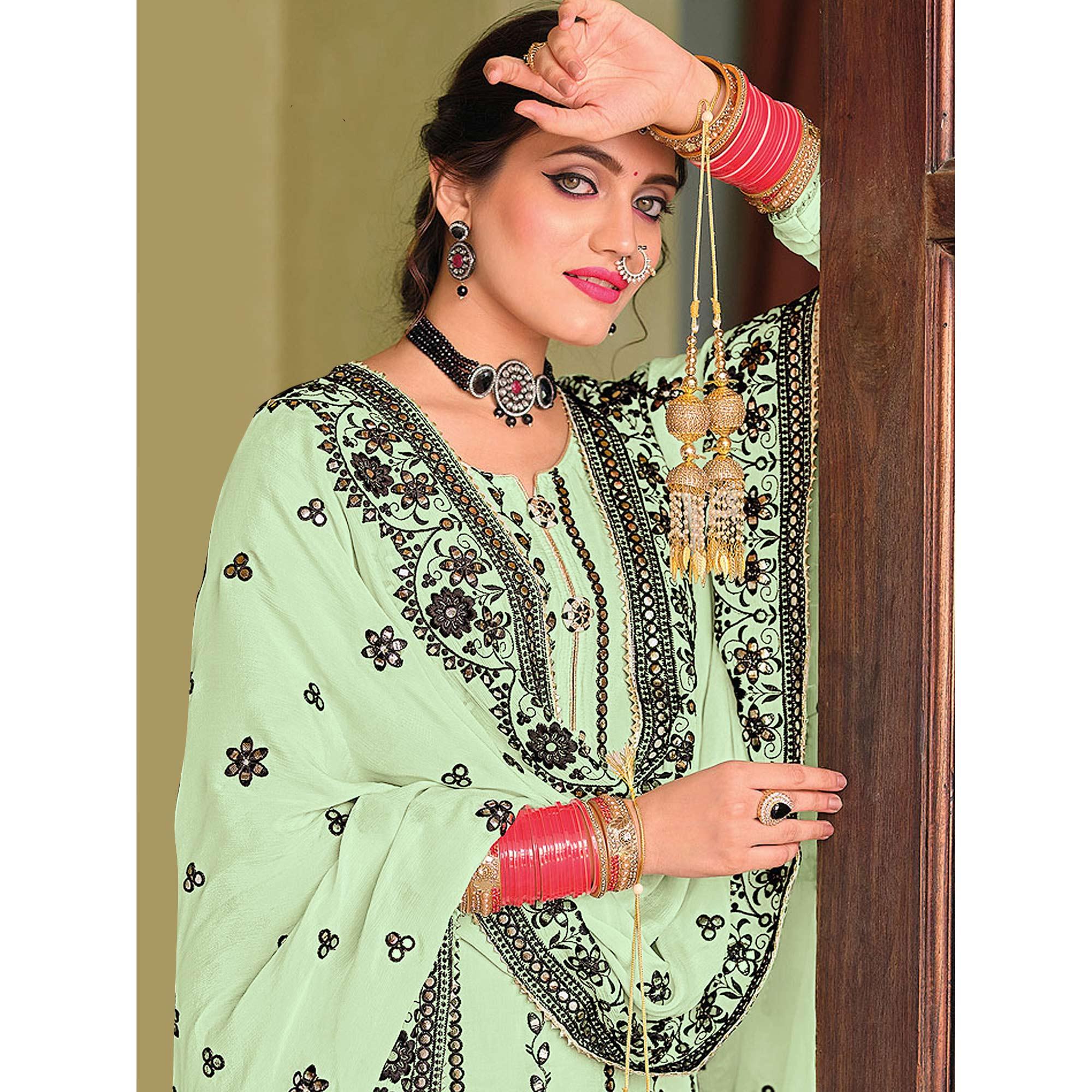 Light Green Partywear Designer Floral Embroidered Georgette Palazzo Suit - Peachmode