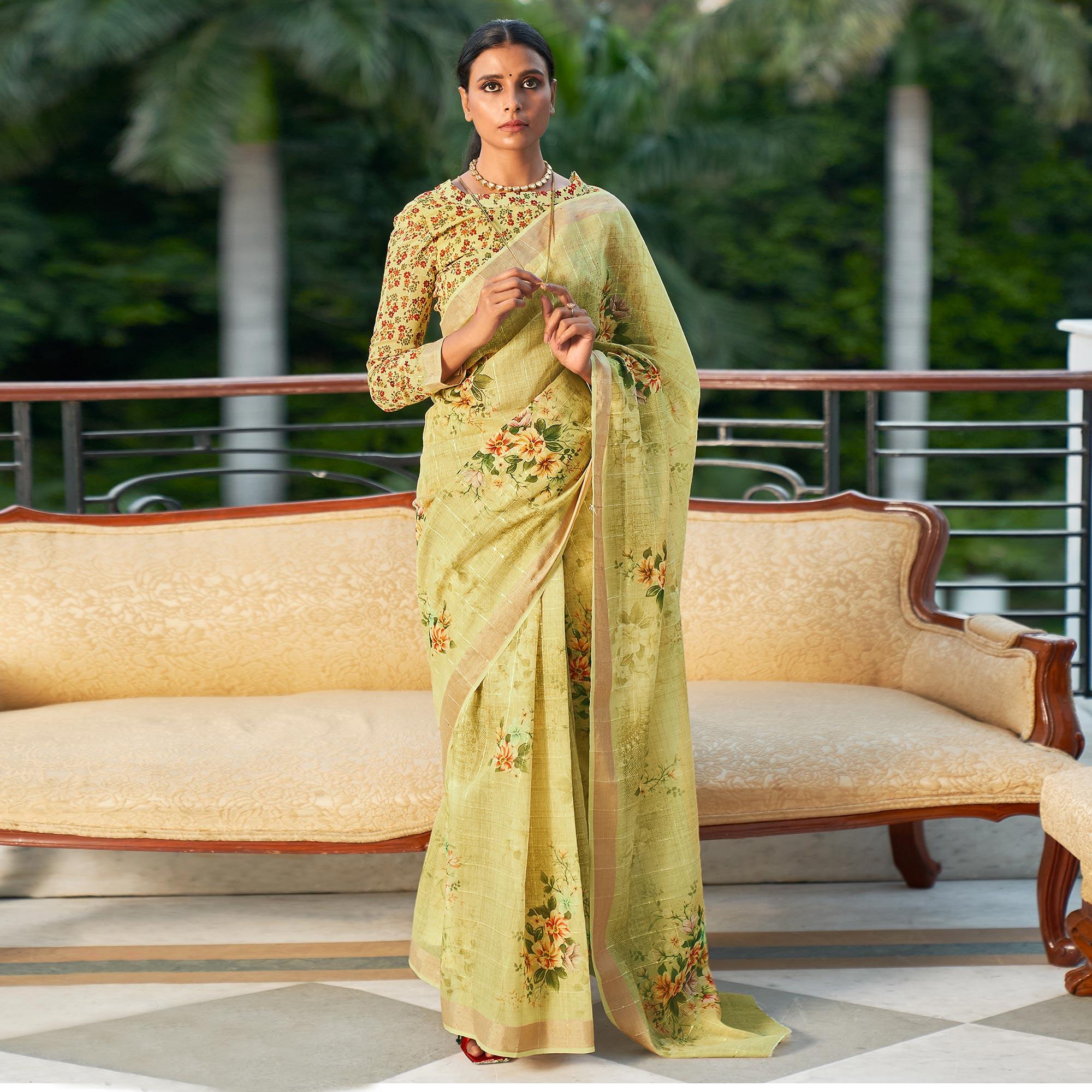 Light Green Partywear Digital Printed & Sequence Woven Pure Linen Saree - Peachmode