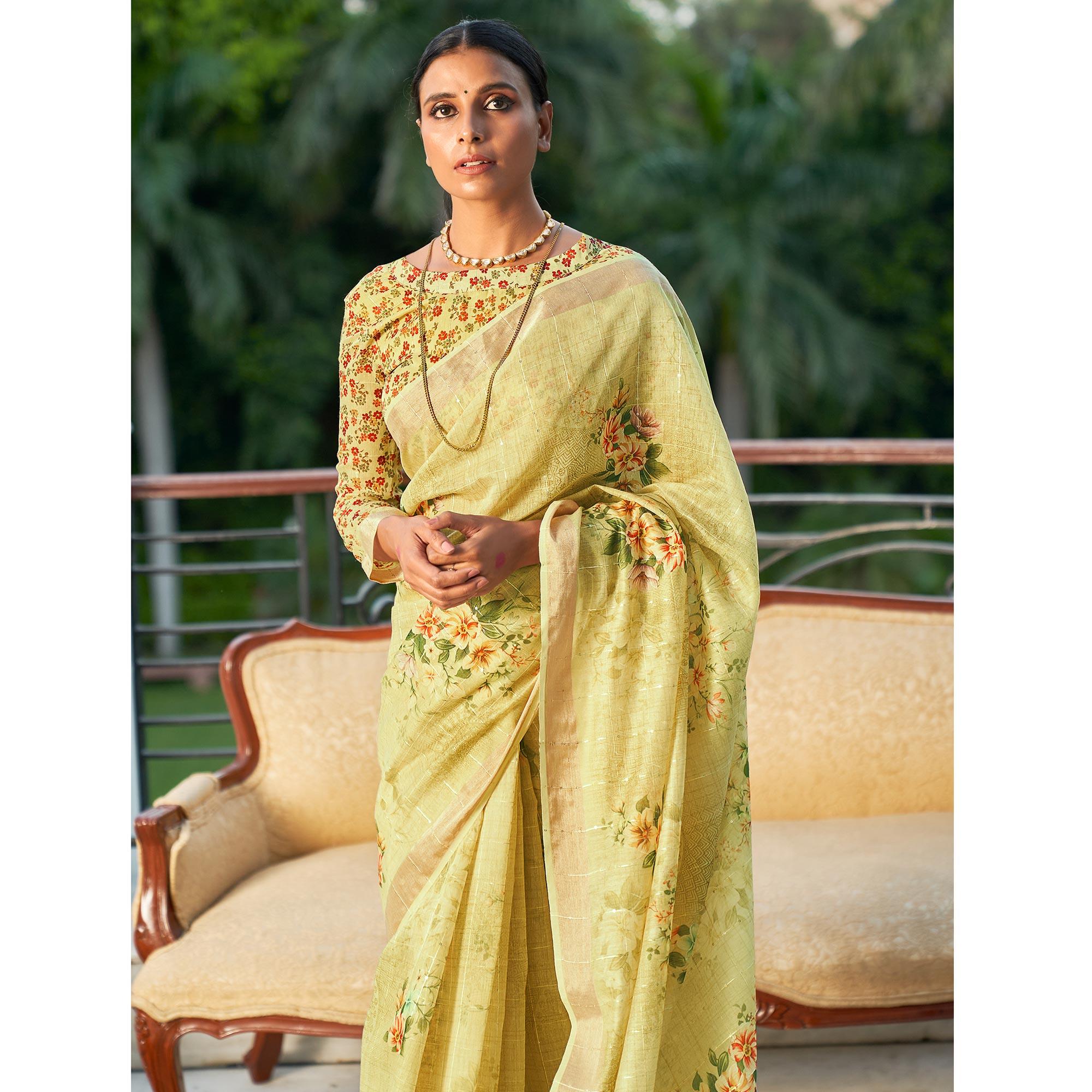 Light Green Partywear Digital Printed & Sequence Woven Pure Linen Saree - Peachmode