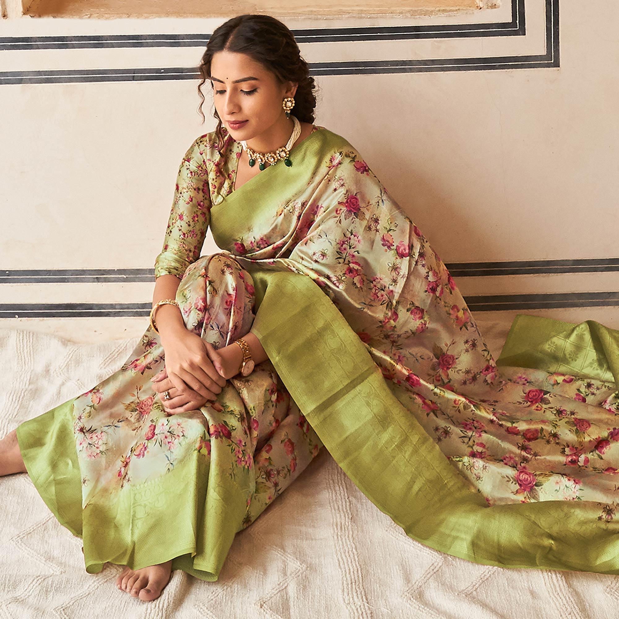 Light Green Partywear Digital Printed Silk Saree - Peachmode