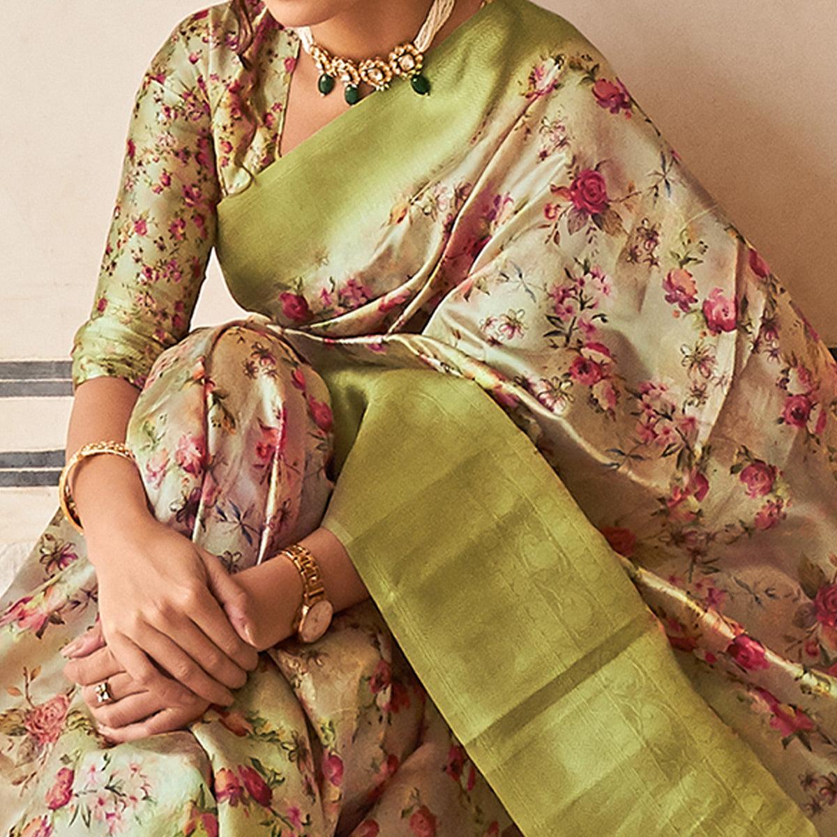 Light Green Partywear Digital Printed Silk Saree - Peachmode