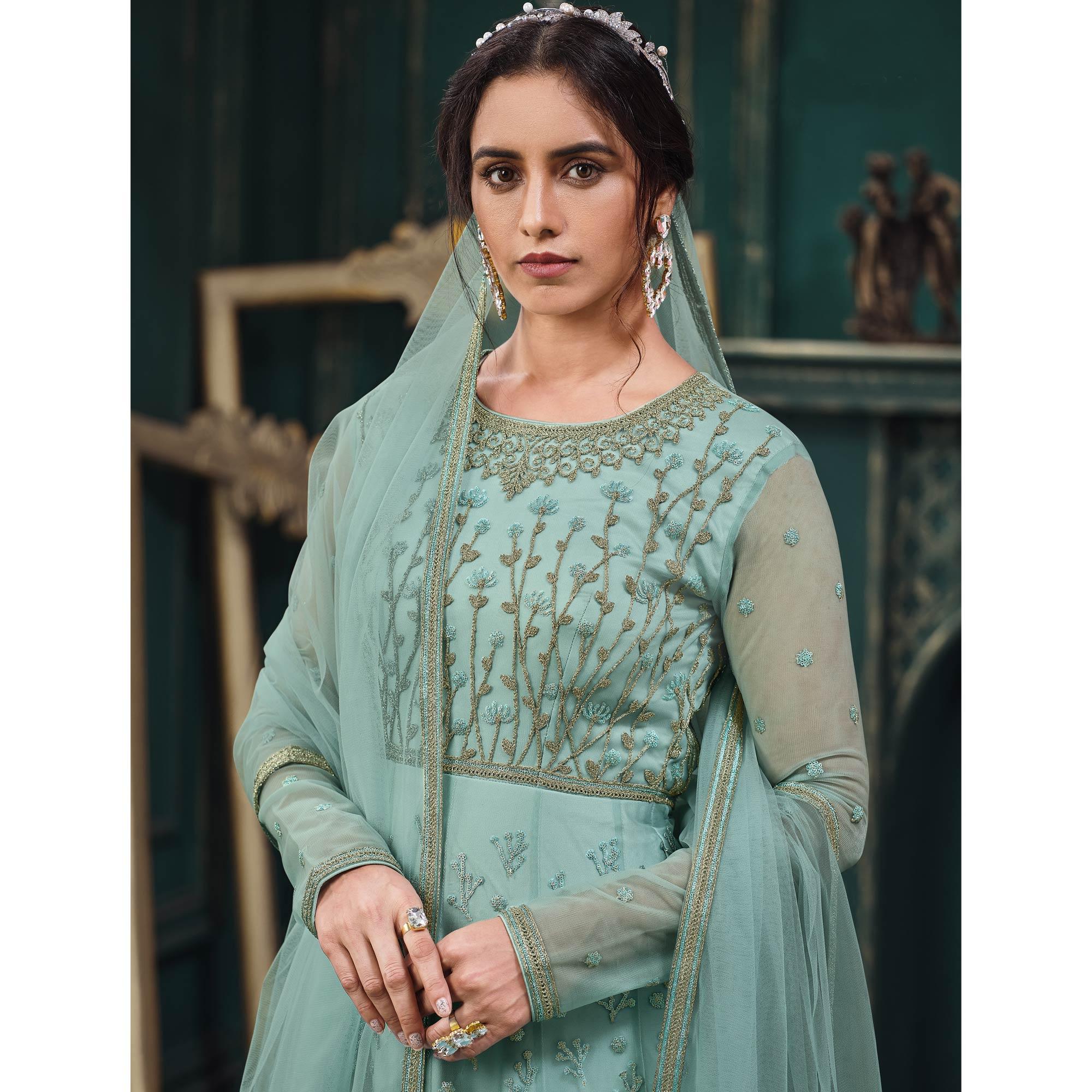 Light Green Partywear Embroidered Butterfly Net Anarkali Suit - Peachmode
