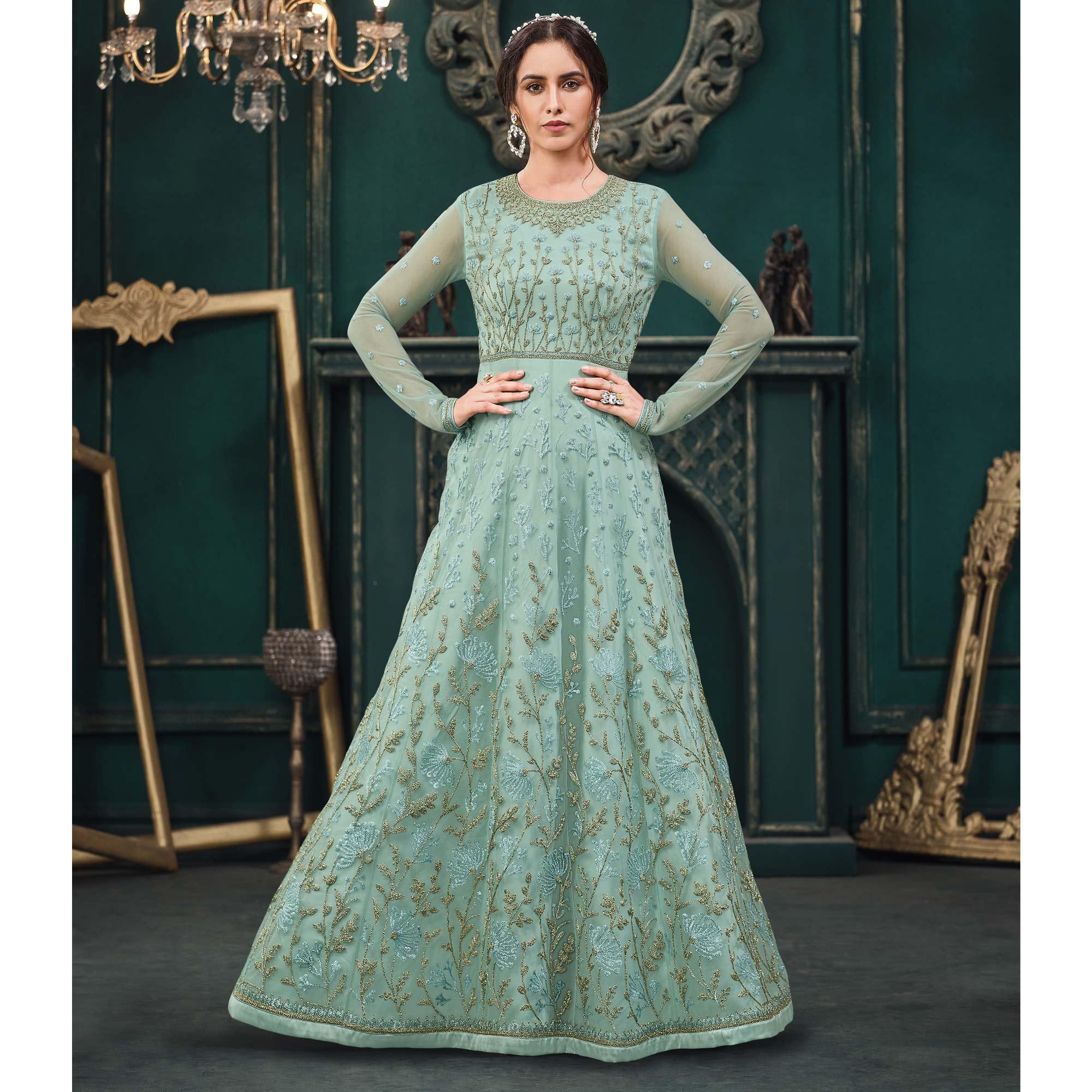 Light Green Partywear Embroidered Butterfly Net Anarkali Suit - Peachmode