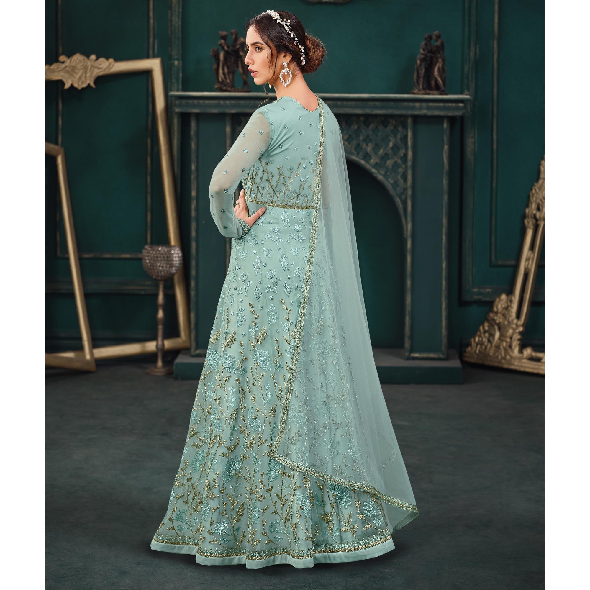 Light Green Partywear Embroidered Butterfly Net Anarkali Suit - Peachmode