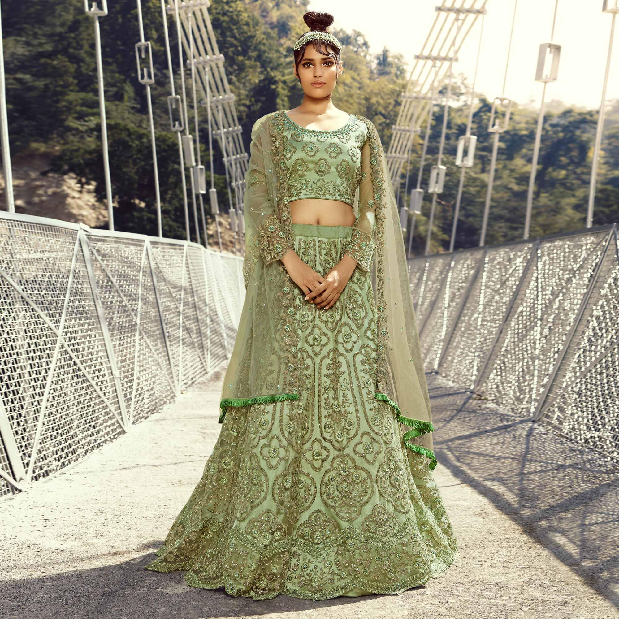 Light Green Partywear Floral Heavy Embroidered Net Lehenga Choli - Peachmode