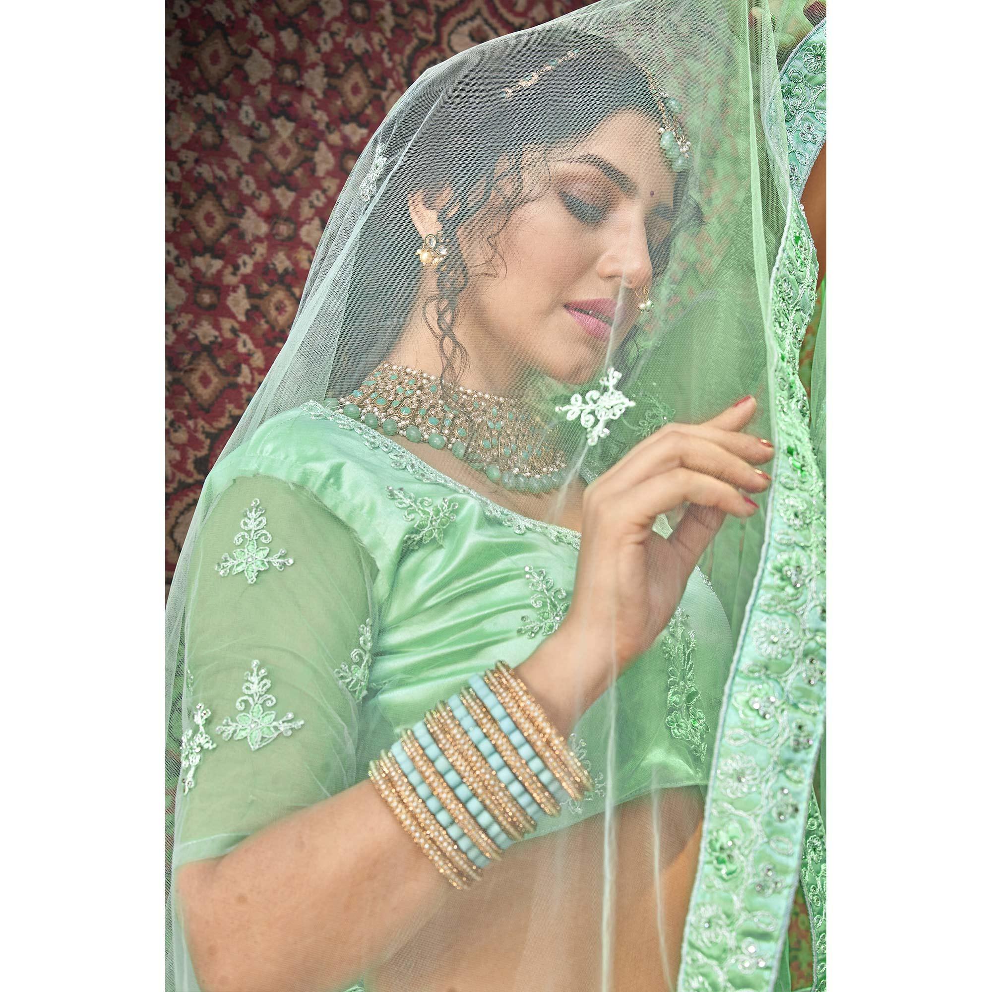 Light Green  Partywear Multi Sequence Embroidered Net Lehenga Choli - Peachmode