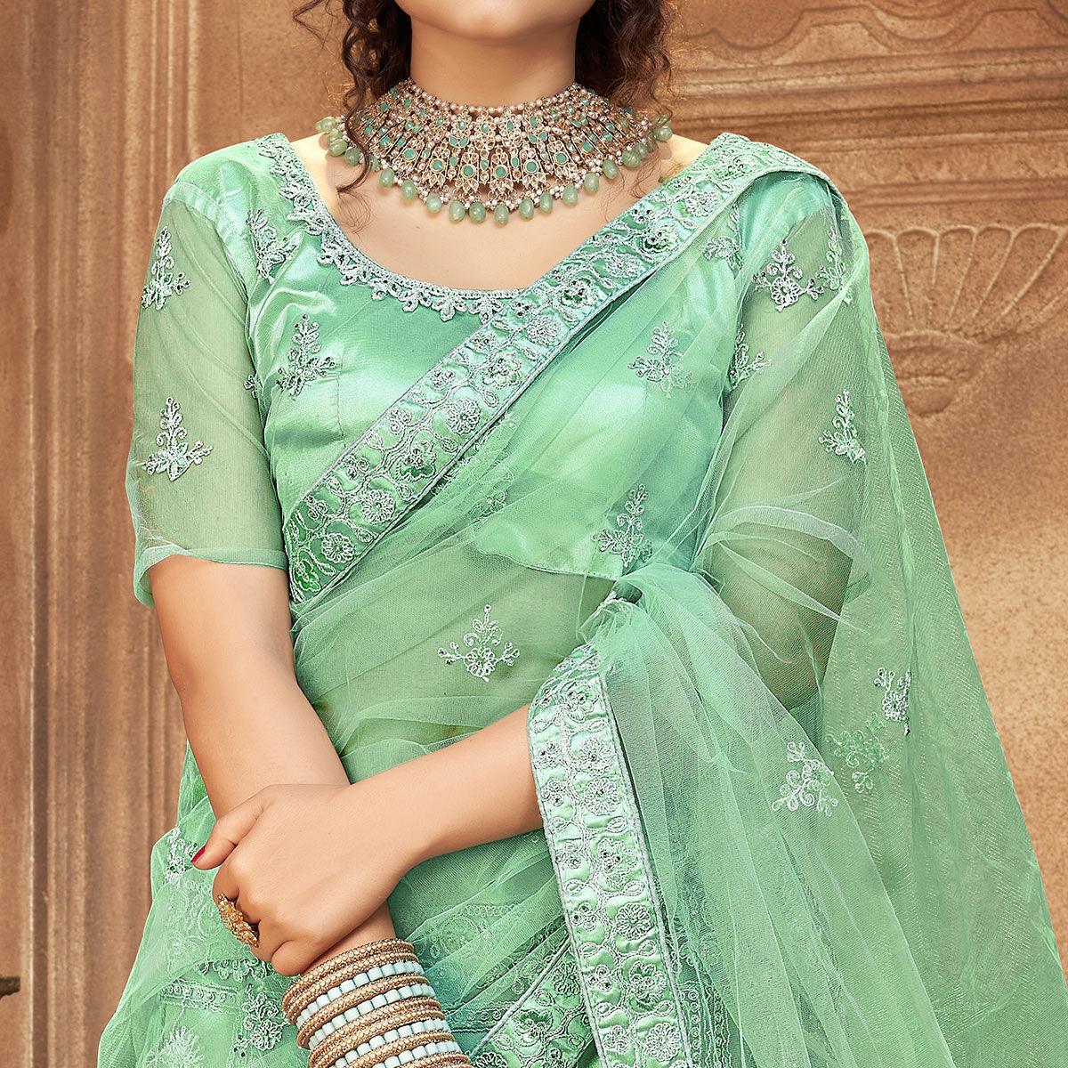 Light Green  Partywear Multi Sequence Embroidered Net Lehenga Choli - Peachmode