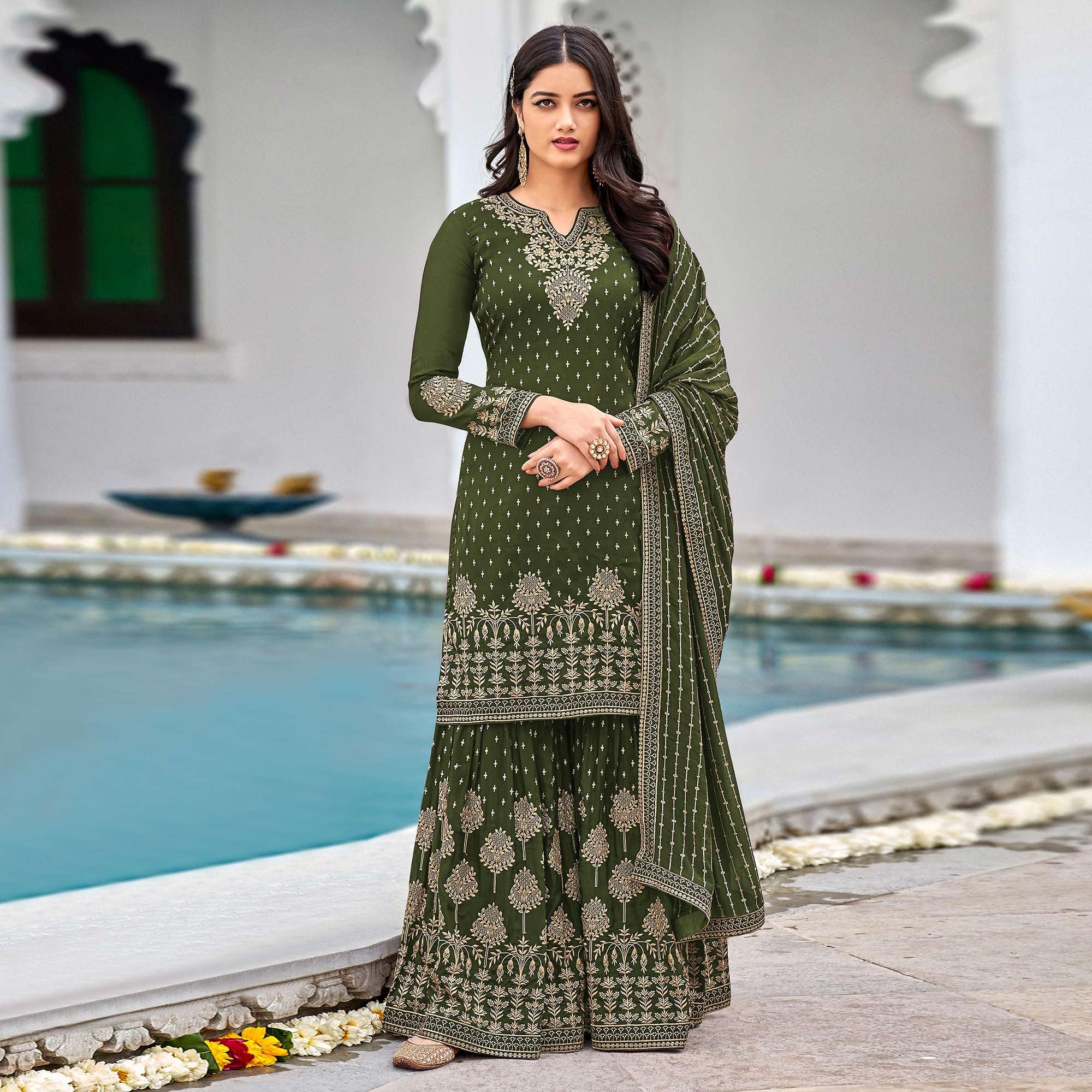 Light Green Partywear Sequence & Embroidered Faux Georgette Salwar Suit - Peachmode