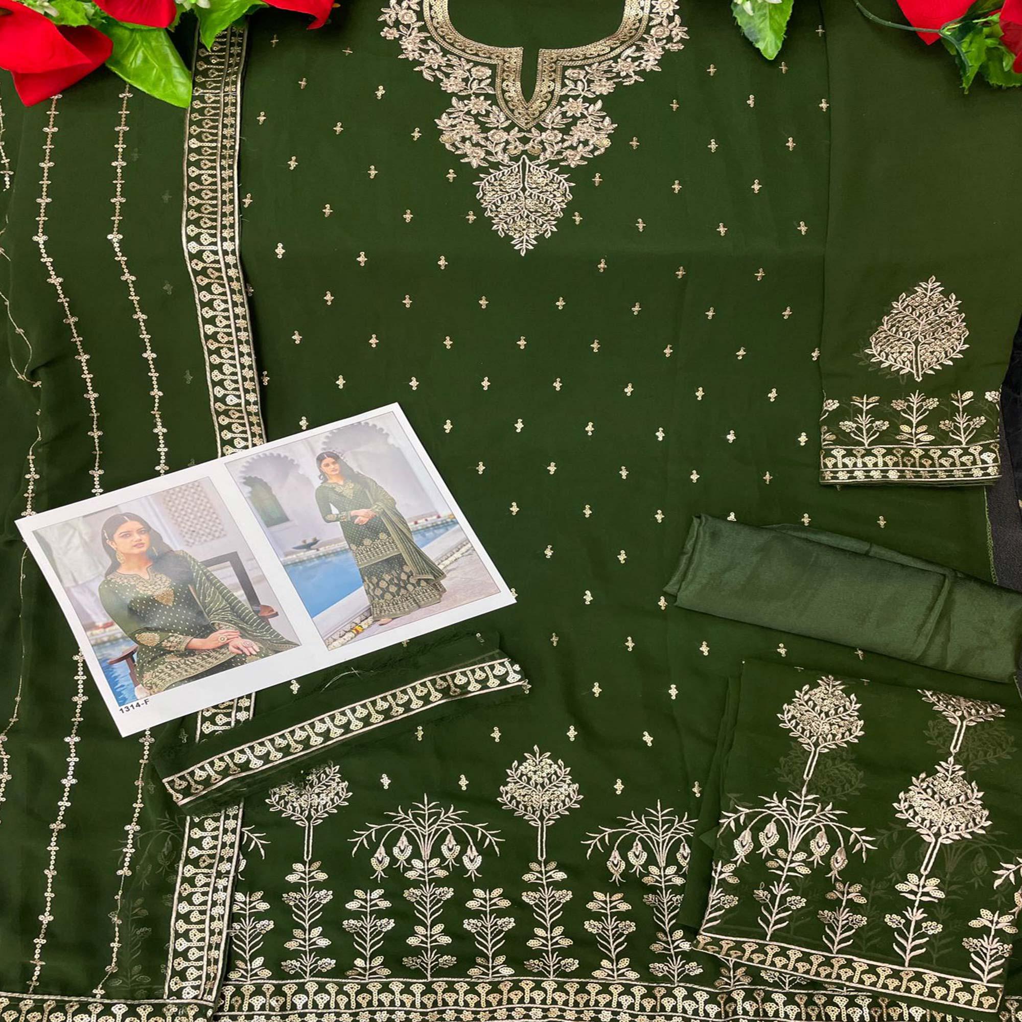 Light Green Partywear Sequence & Embroidered Faux Georgette Salwar Suit - Peachmode