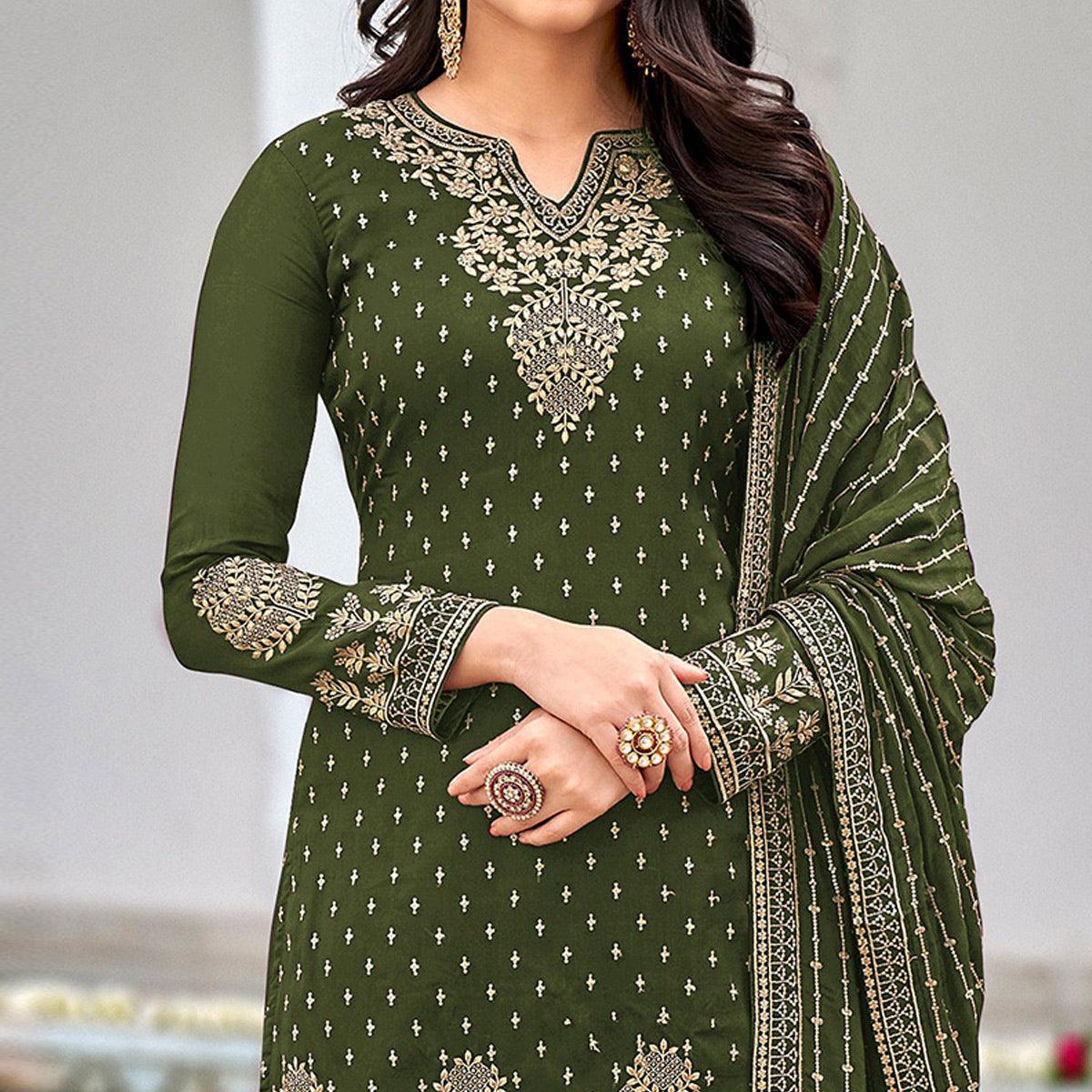 Light Green Partywear Sequence & Embroidered Faux Georgette Salwar Suit - Peachmode