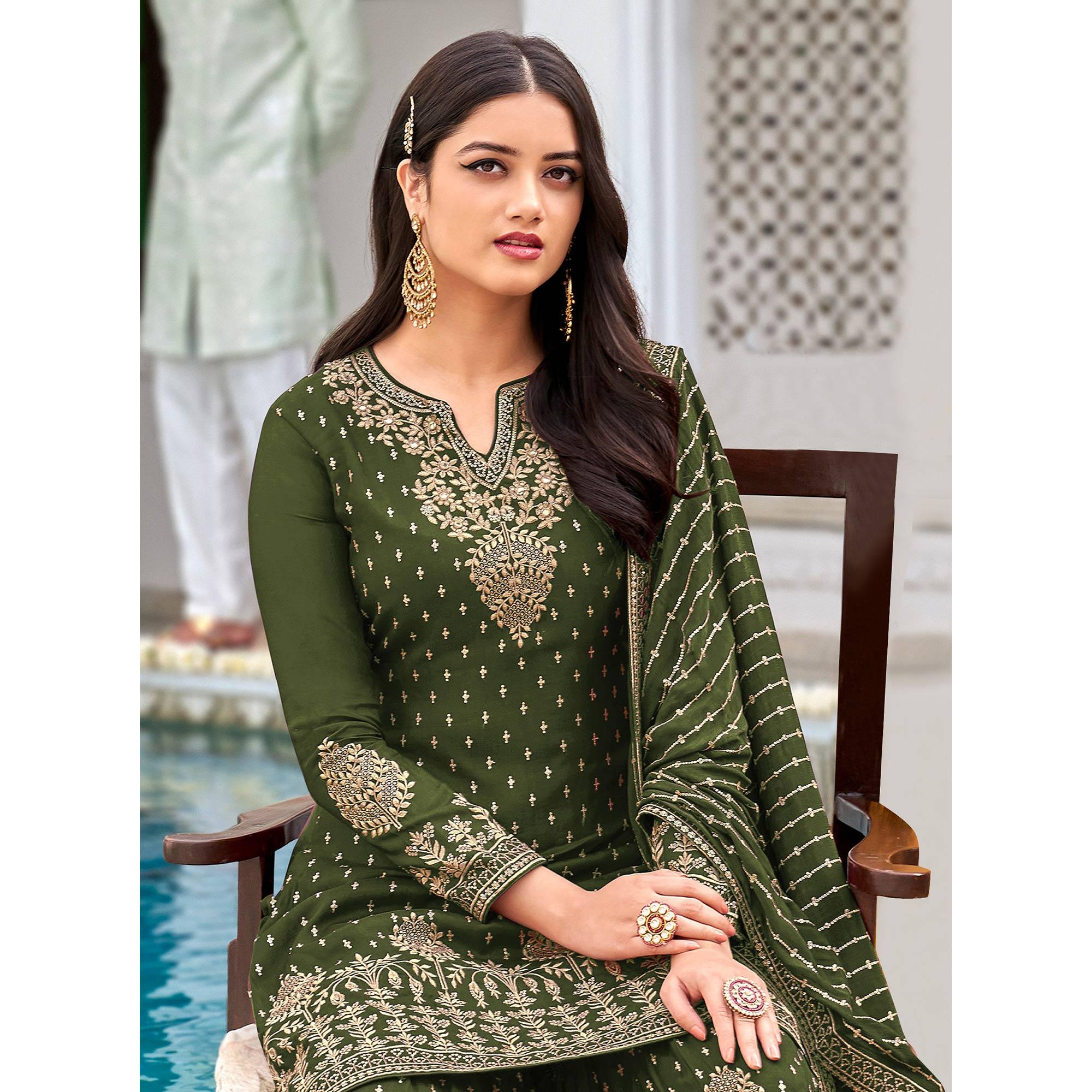 Light Green Partywear Sequence & Embroidered Faux Georgette Salwar Suit - Peachmode