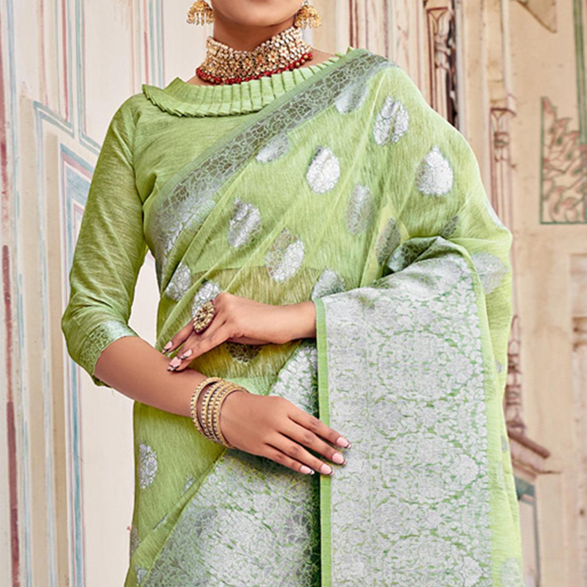 Light Green Partywear Silver Zari Work Linen Saree - Peachmode
