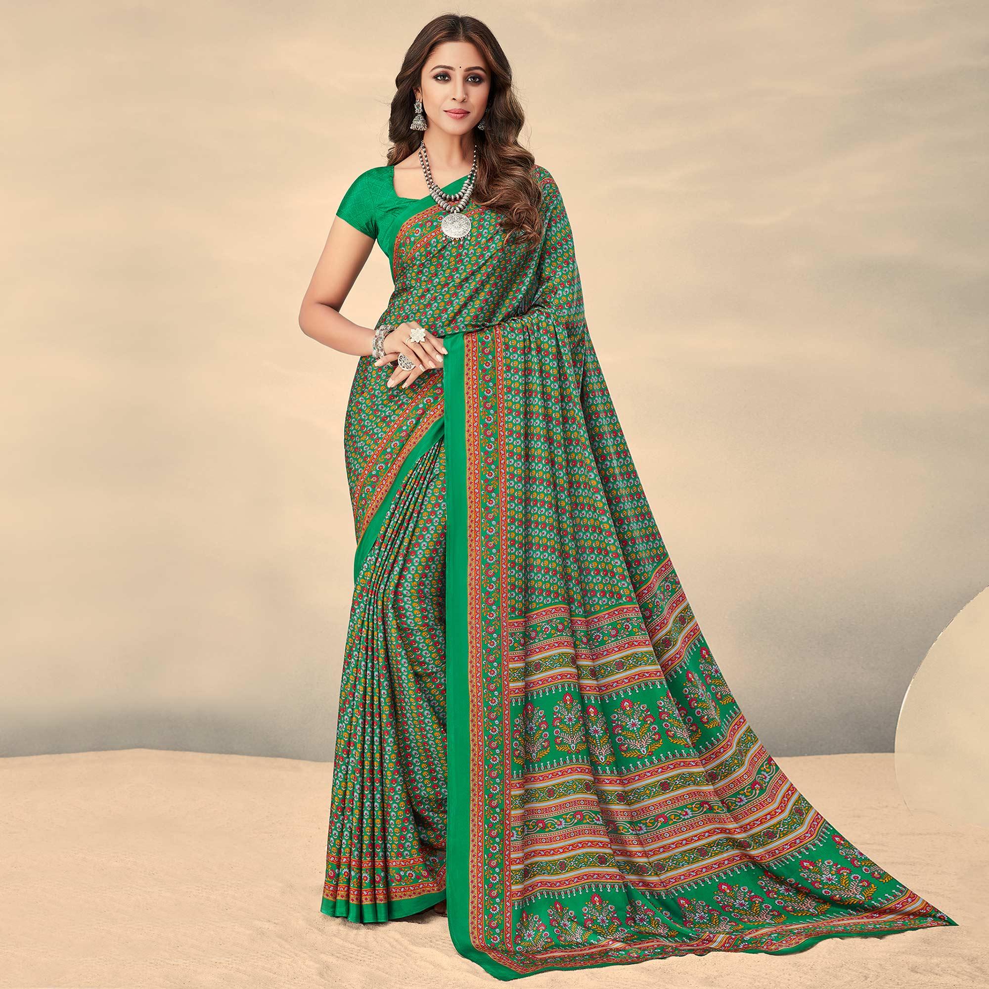 Light Green Printed Crepe Saree - Peachmode