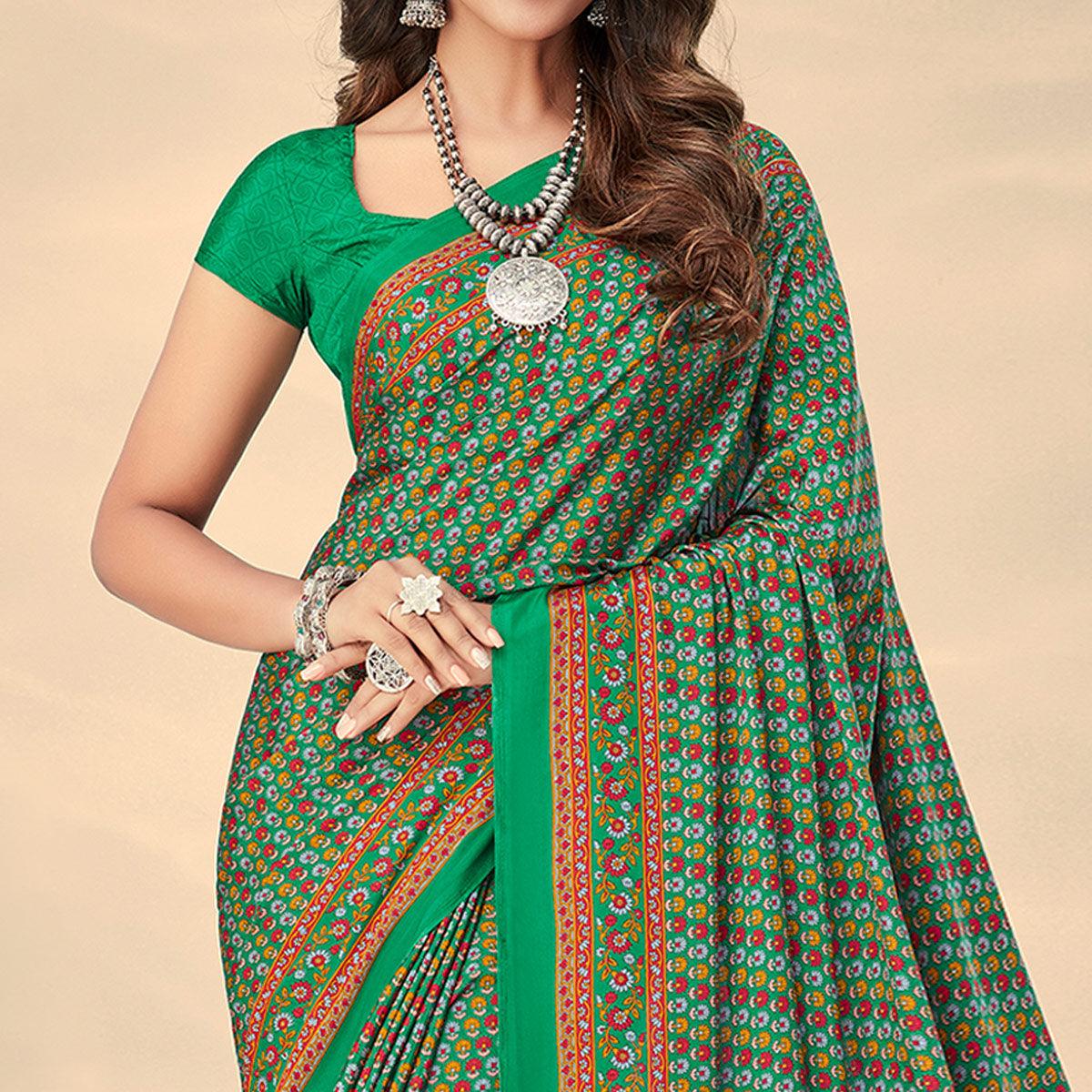 Light Green Printed Crepe Saree - Peachmode