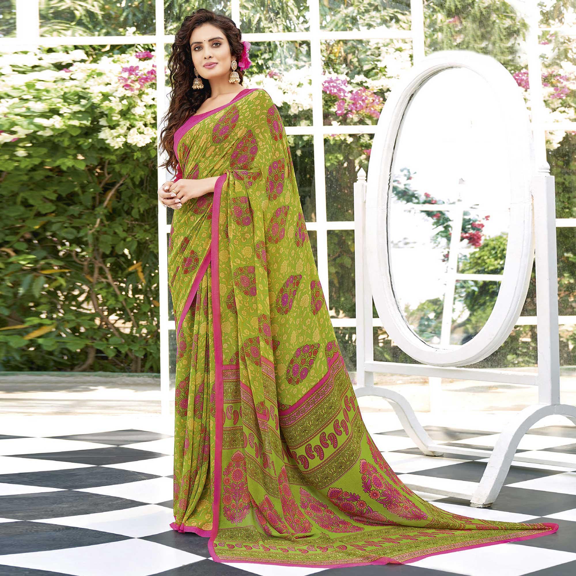 Light Green Printed Georgette Saree - Peachmode