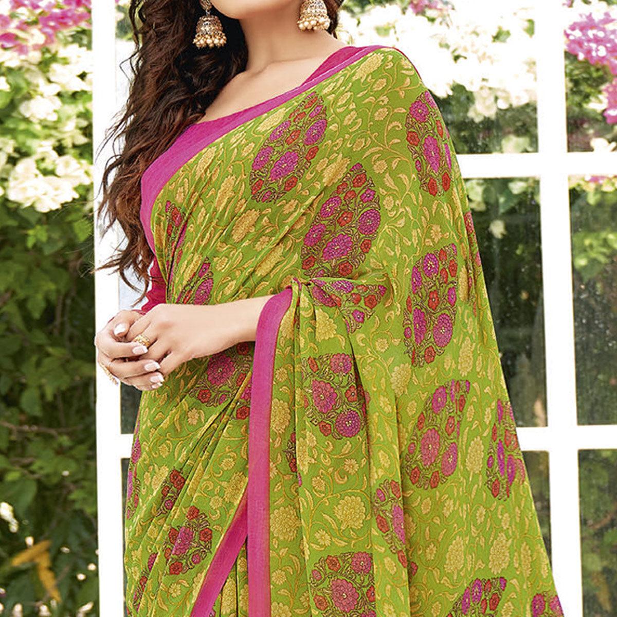 Light Green Printed Georgette Saree - Peachmode