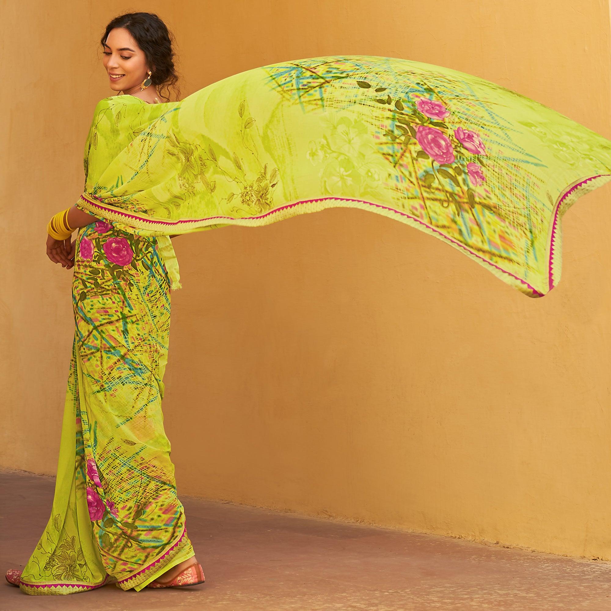 Light Green Printed Georgette Saree - Peachmode