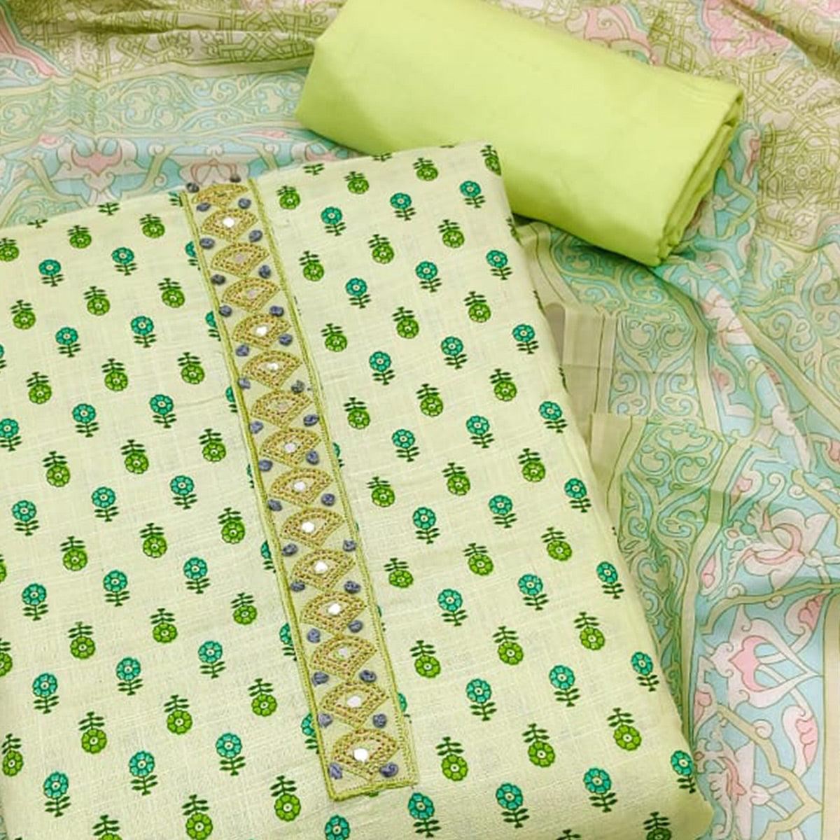 Light Green Printed Pure Cotton Dress Material - Peachmode