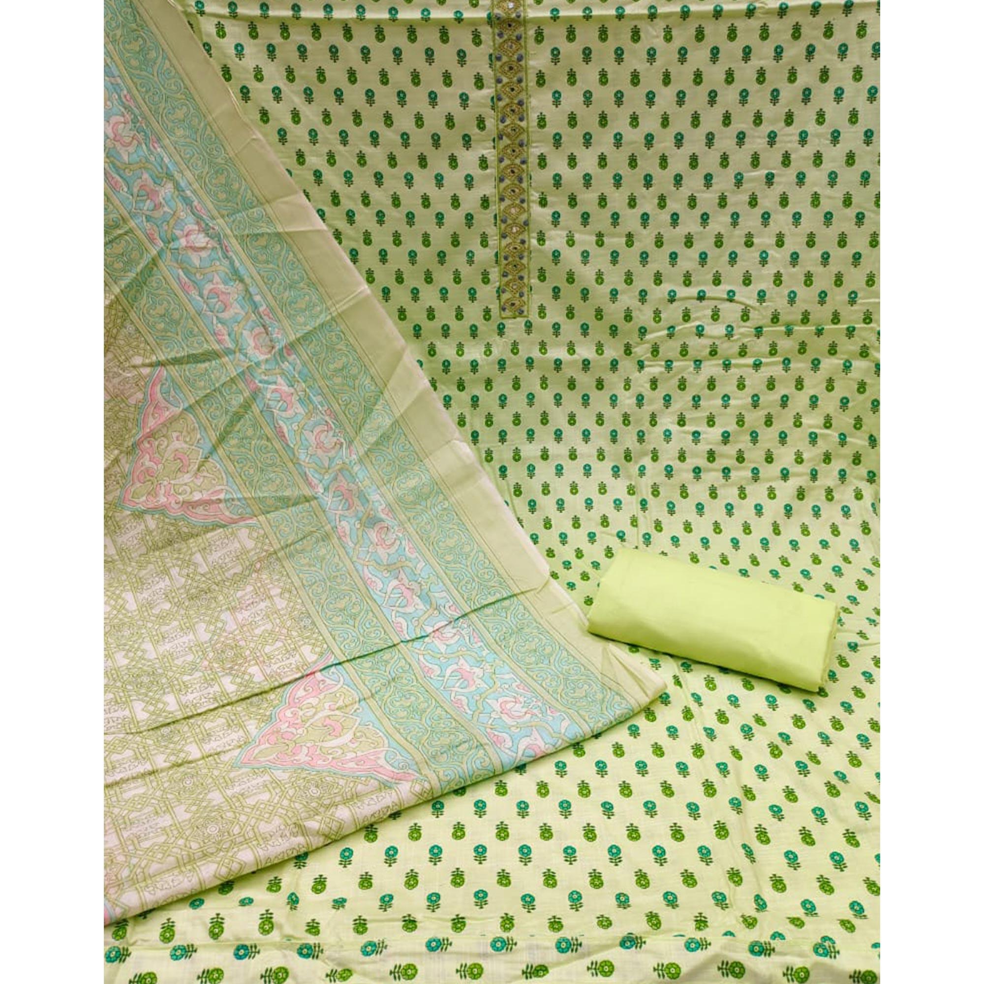 Light Green Printed Pure Cotton Dress Material - Peachmode