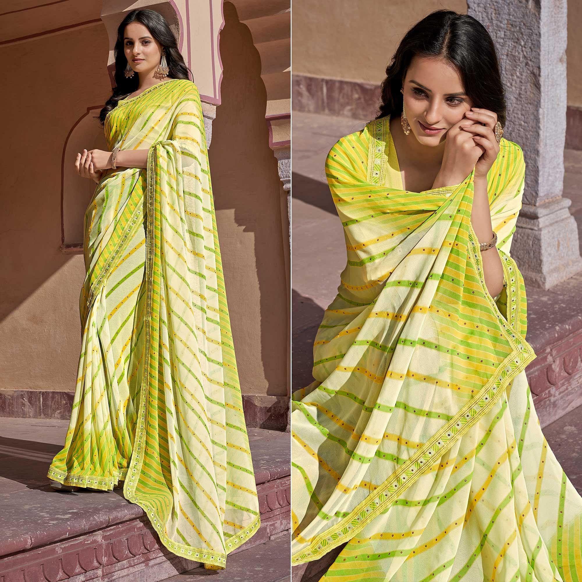 Light Green Printed With Embellished Georgette Saree - Peachmode