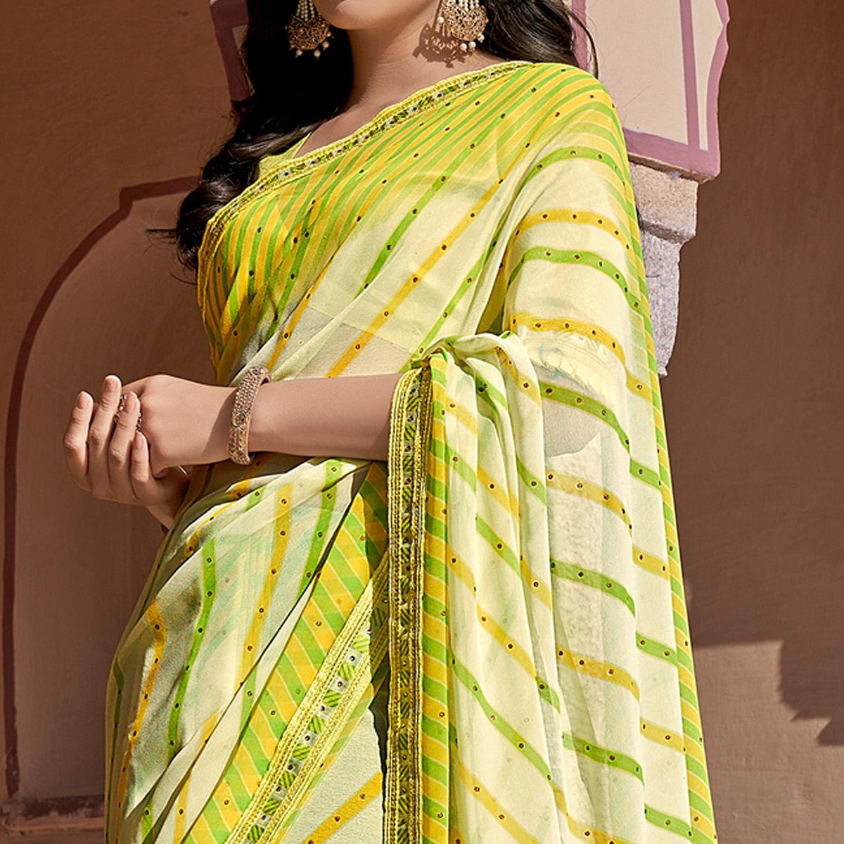 Light Green Printed With Embellished Georgette Saree - Peachmode
