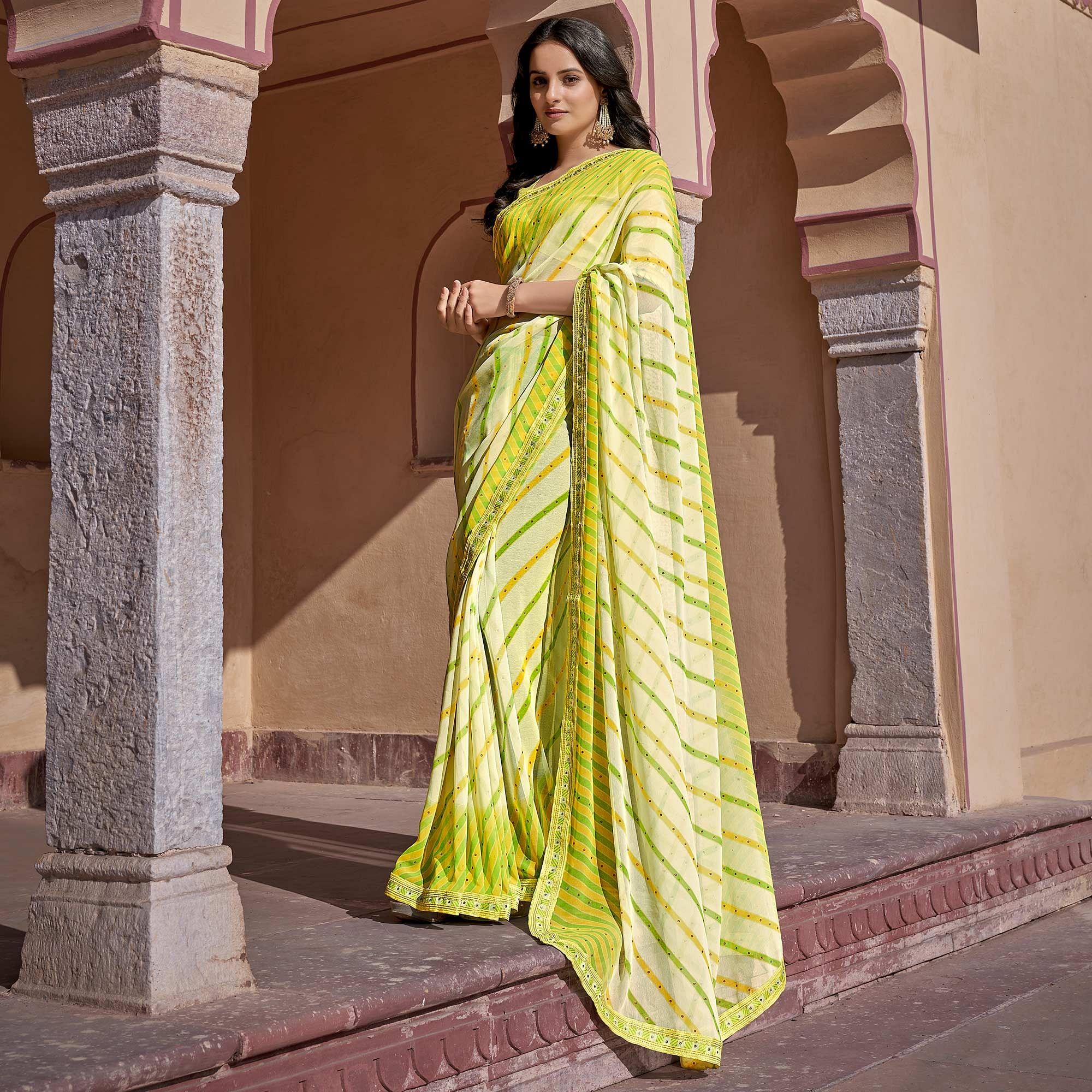 Light Green Printed With Embellished Georgette Saree - Peachmode