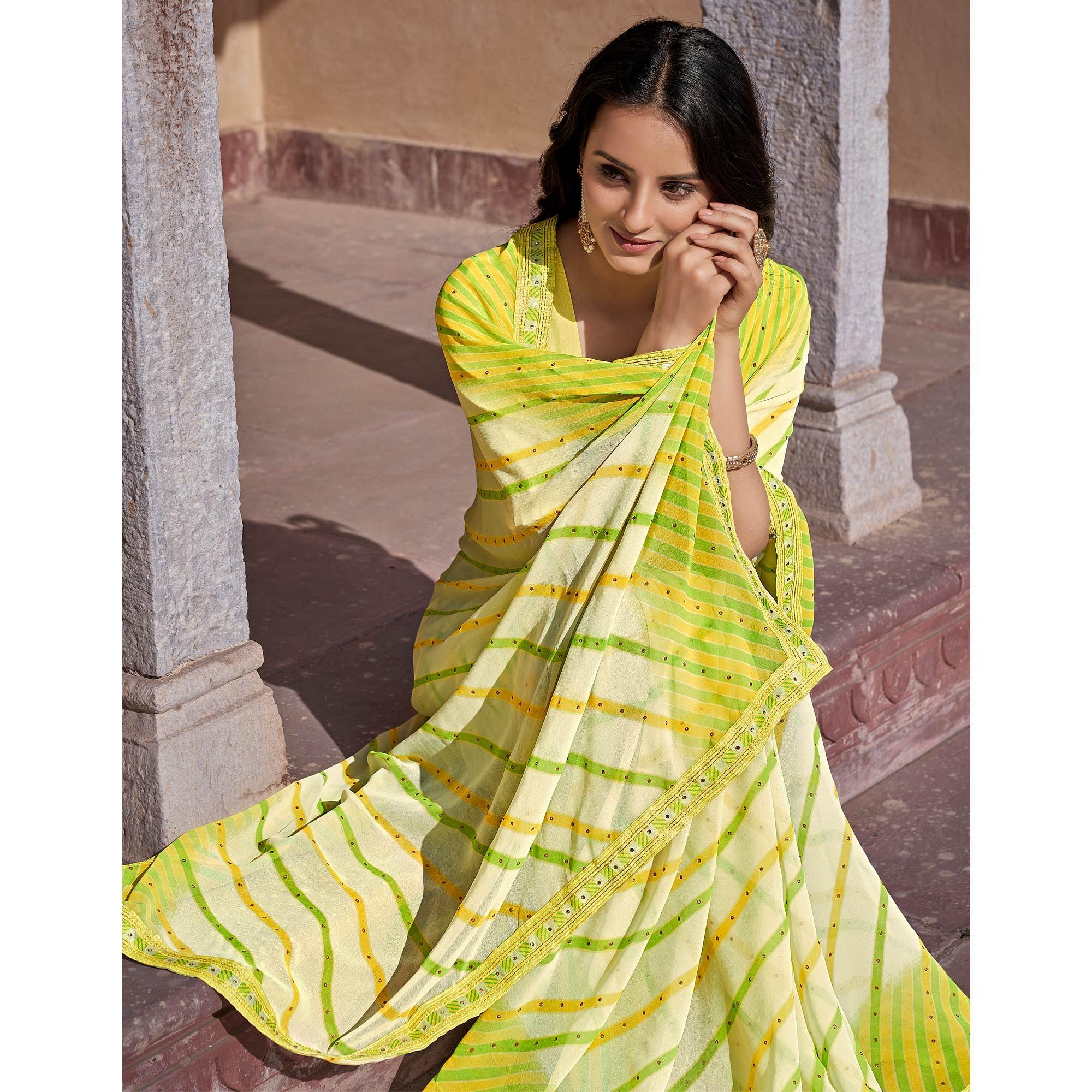 Light Green Printed With Embellished Georgette Saree - Peachmode
