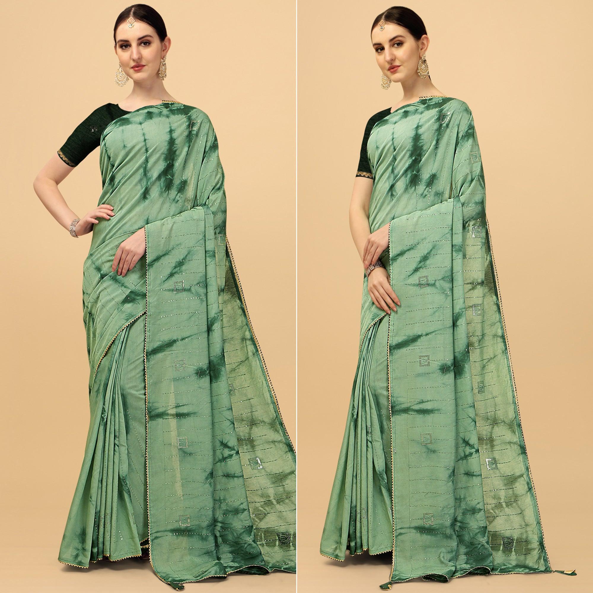 Light Green Sequence Embroidered Chanderi Saree - Peachmode