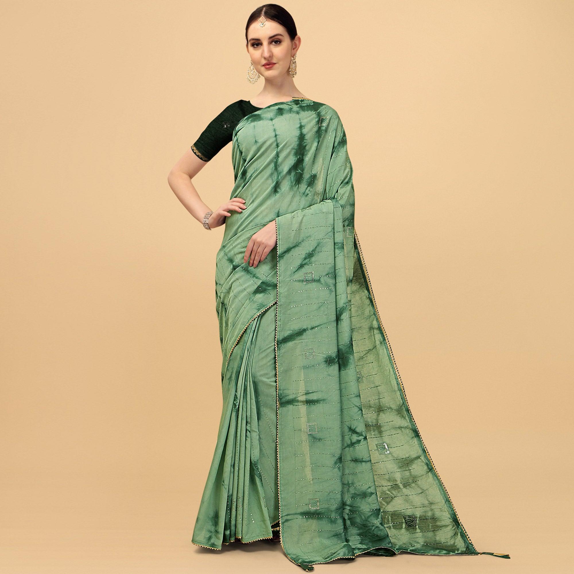 Light Green Sequence Embroidered Chanderi Saree - Peachmode